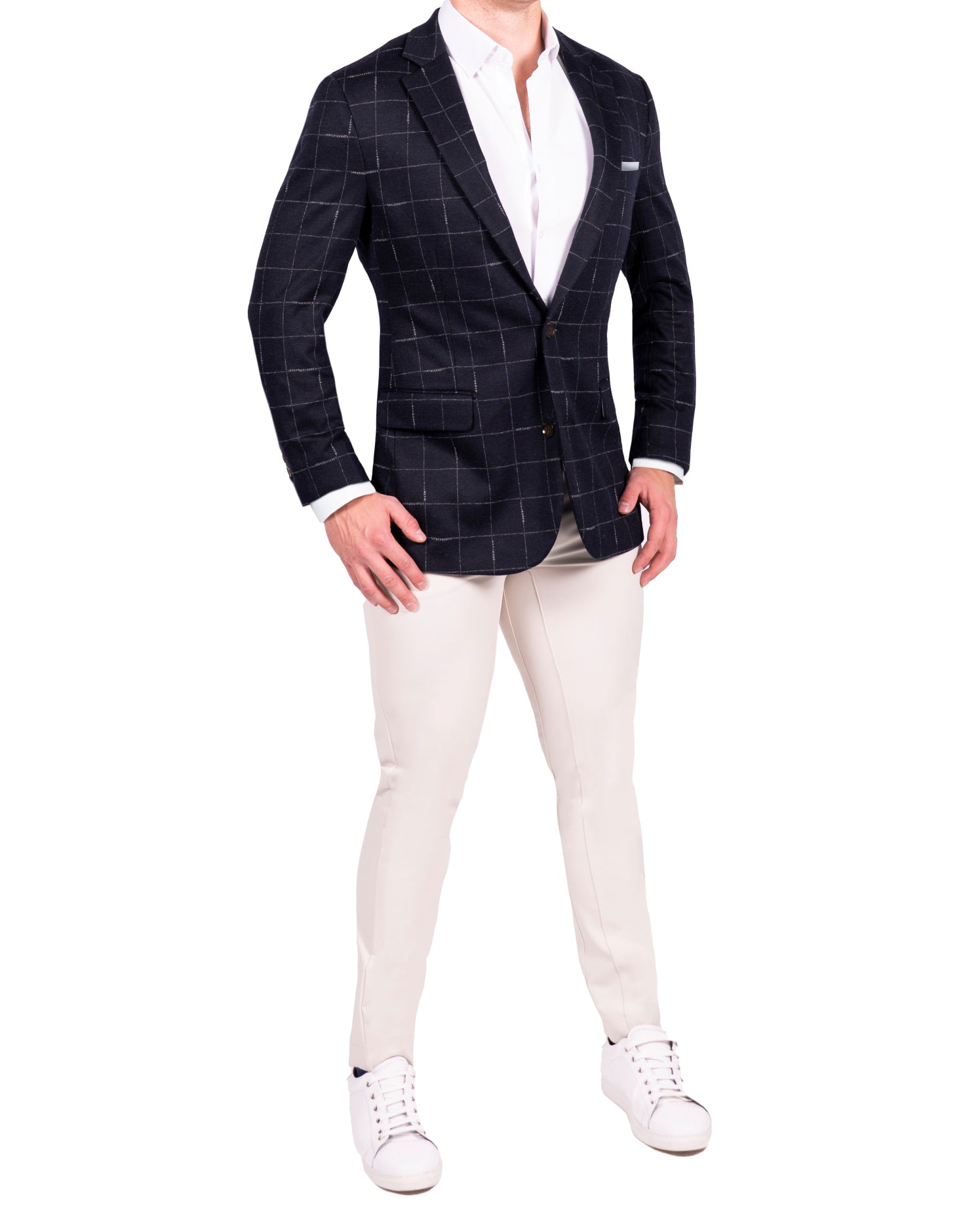Athletic Fit Stretch Blazer - Midnight Navy & Chalk Windowpane