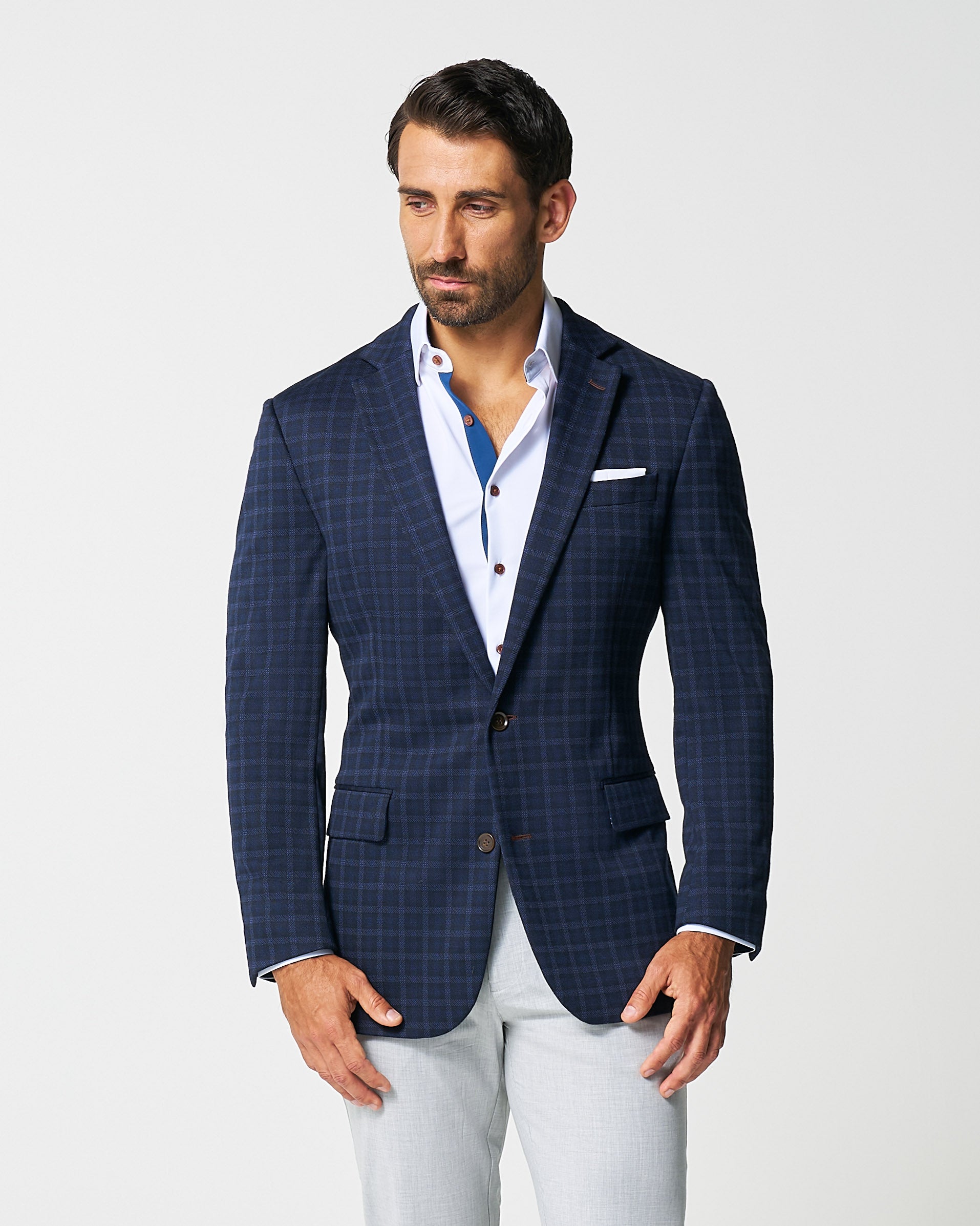 Athletic Fit Stretch Wool Blazer - Blue Plaid