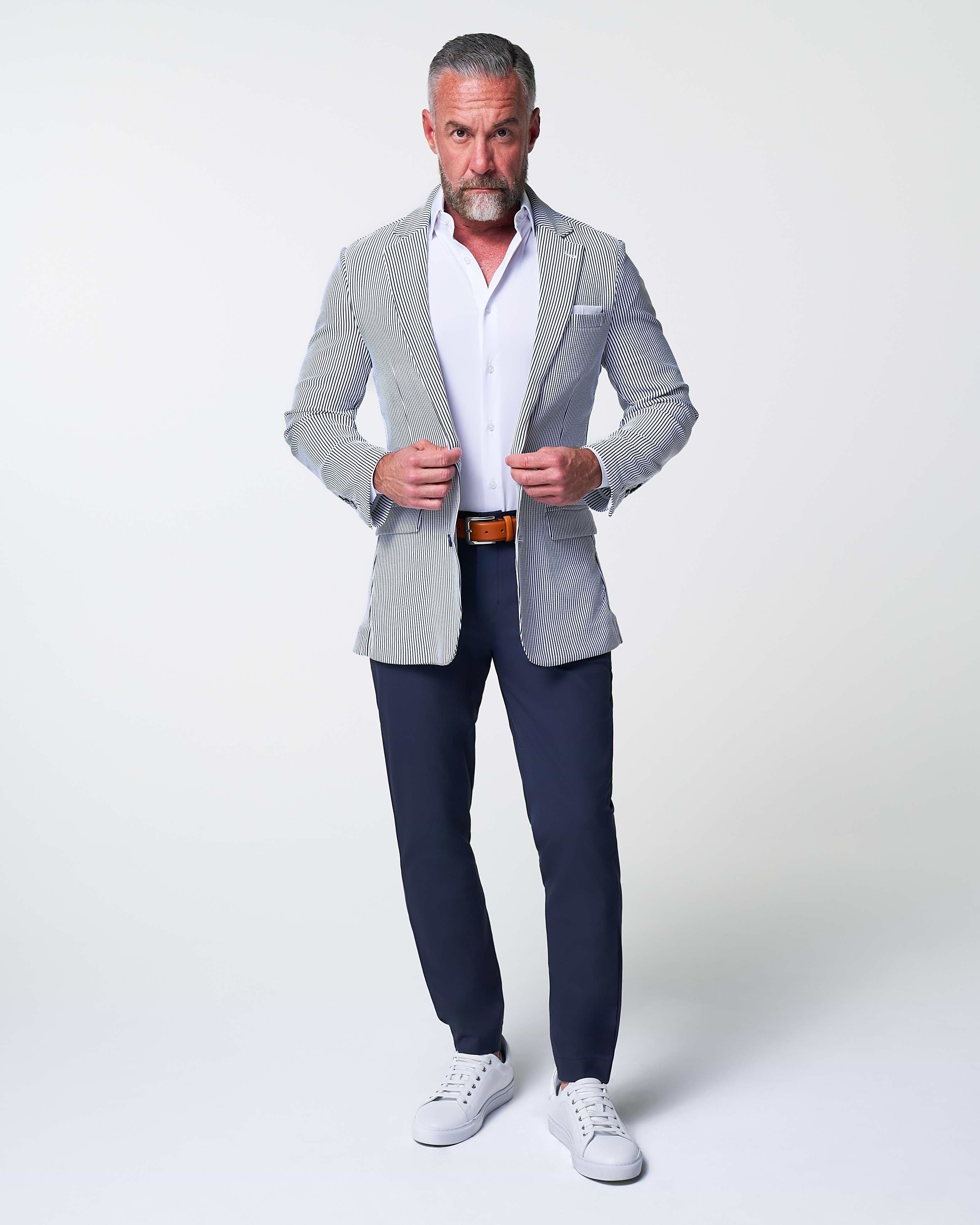Athletic Fit Stretch Blazer - Navy & White Seersucker
