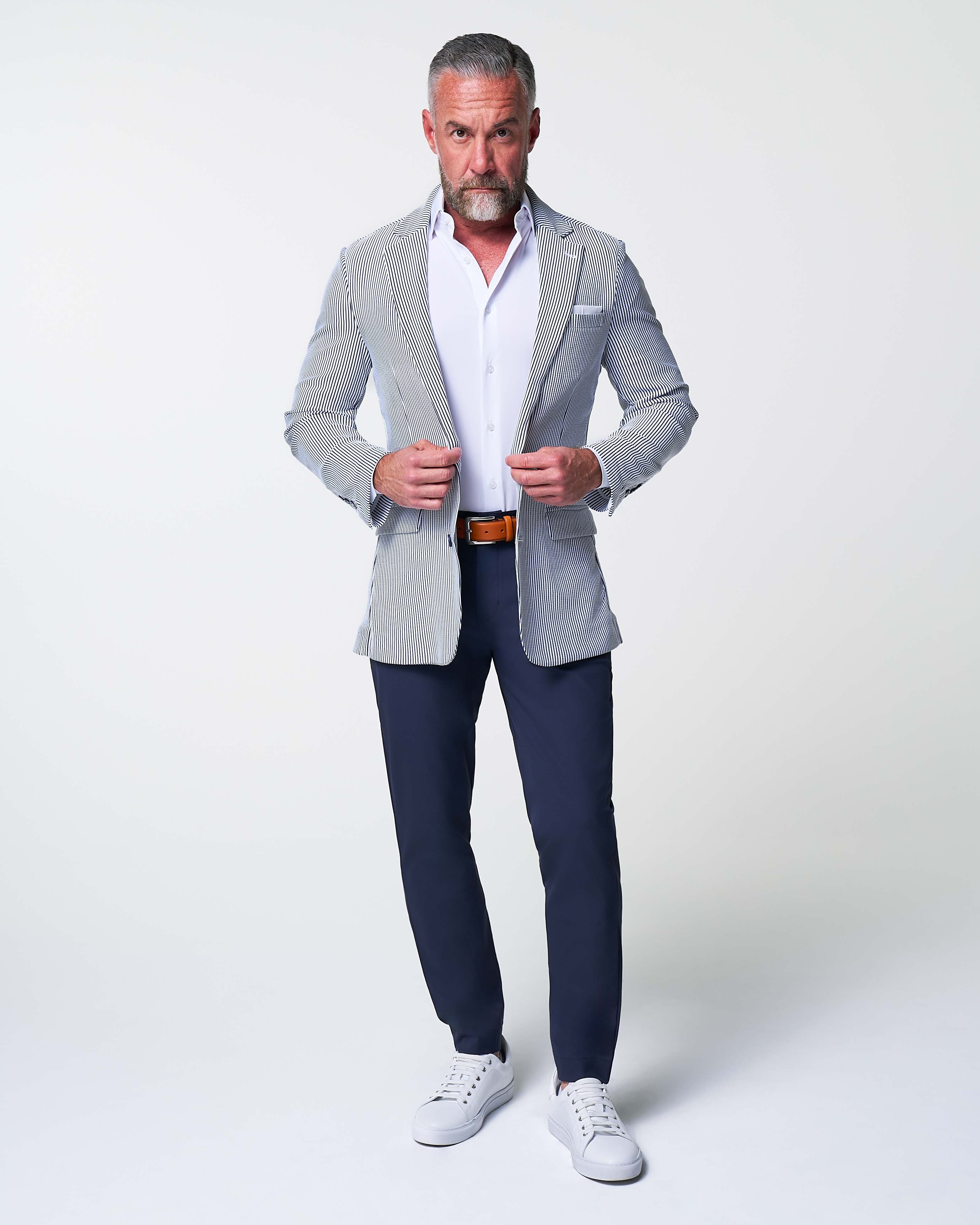Athletic Fit Stretch Blazer - Navy & White Seersucker