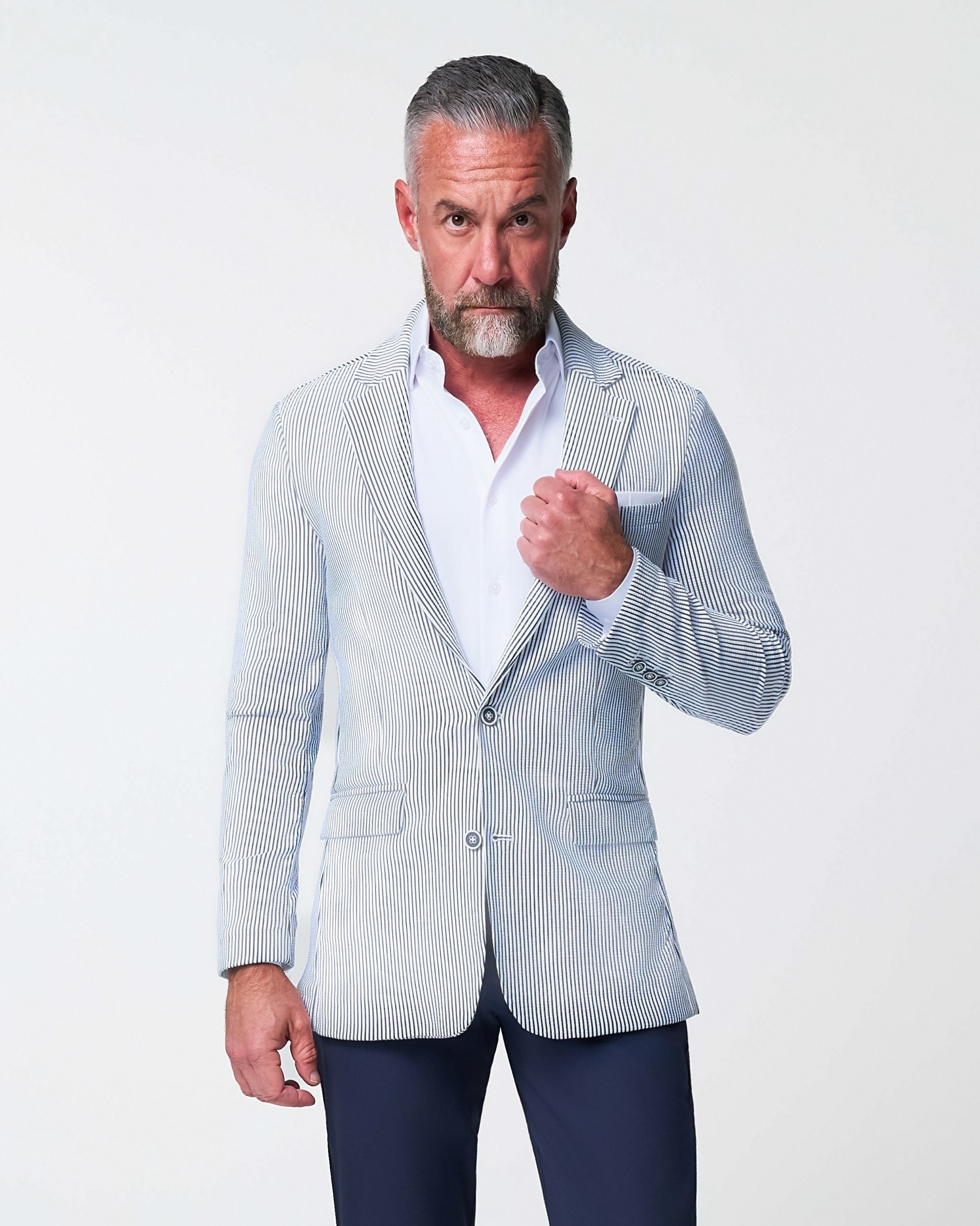 Athletic Fit Stretch Blazer - Navy & White Seersucker