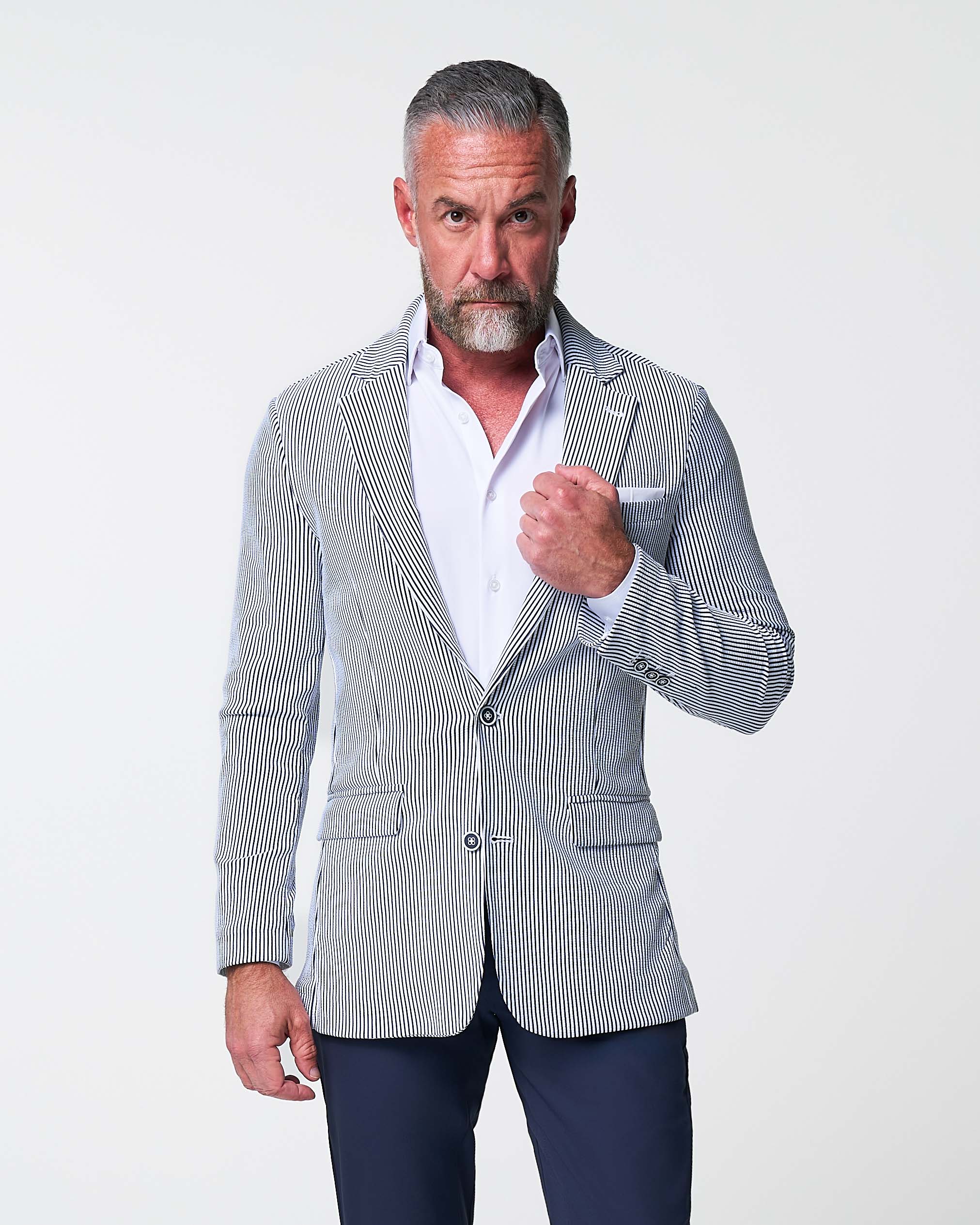 Athletic Fit Stretch Blazer - Navy & White Seersucker