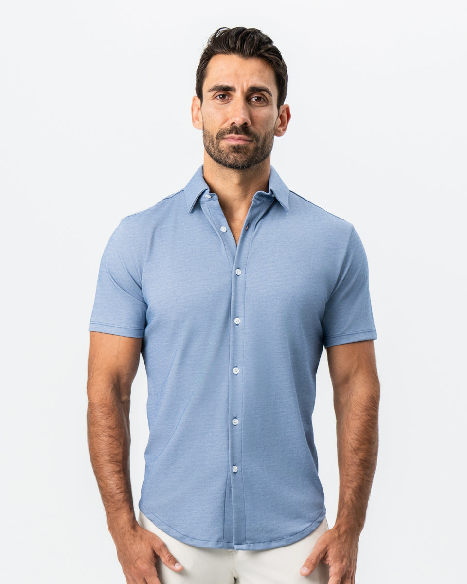 "The Capri" Sky Blue Pique Short Sleeve Button Down