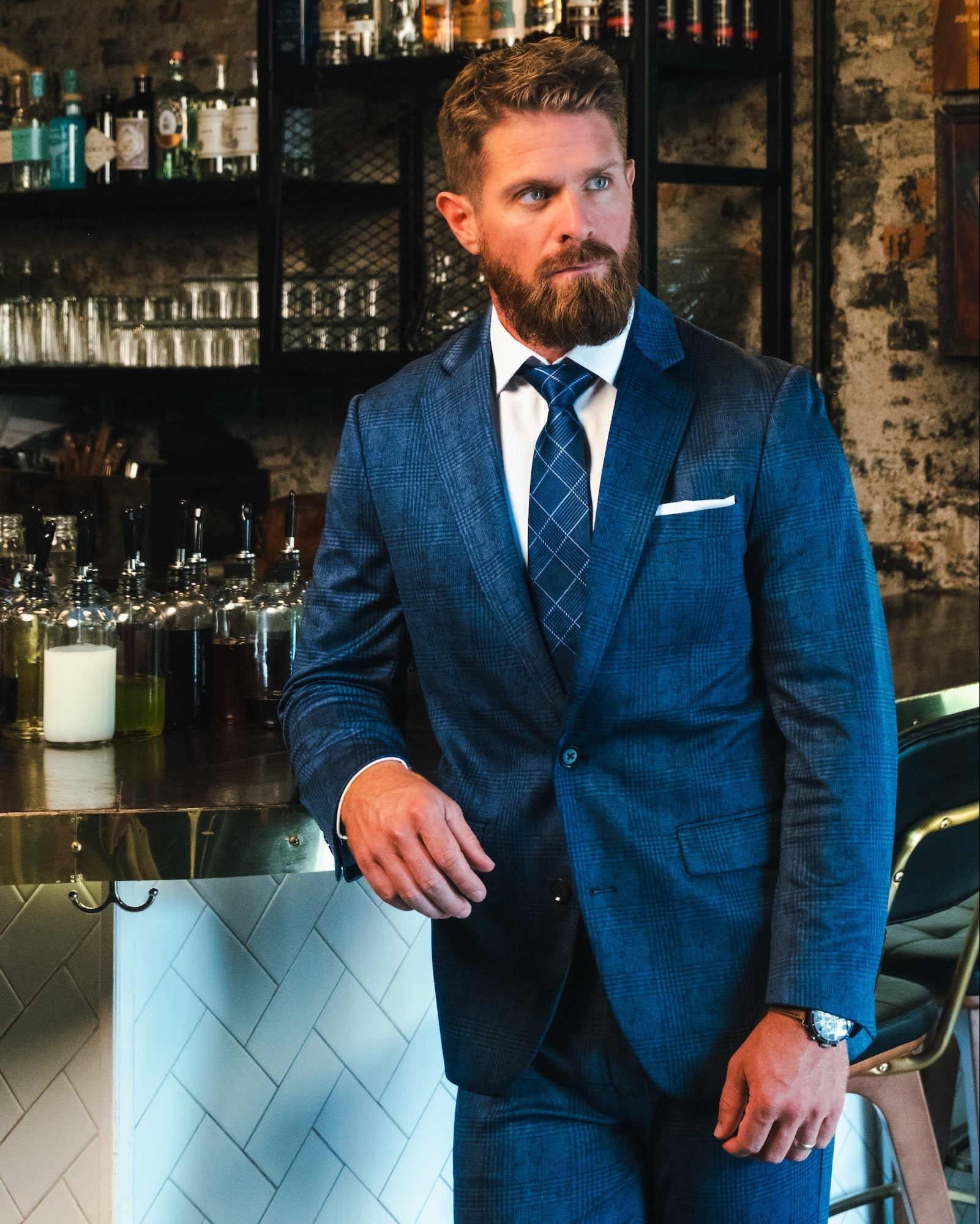 Athletic Fit Stretch Suit - Storm Blue & Navy Plaid