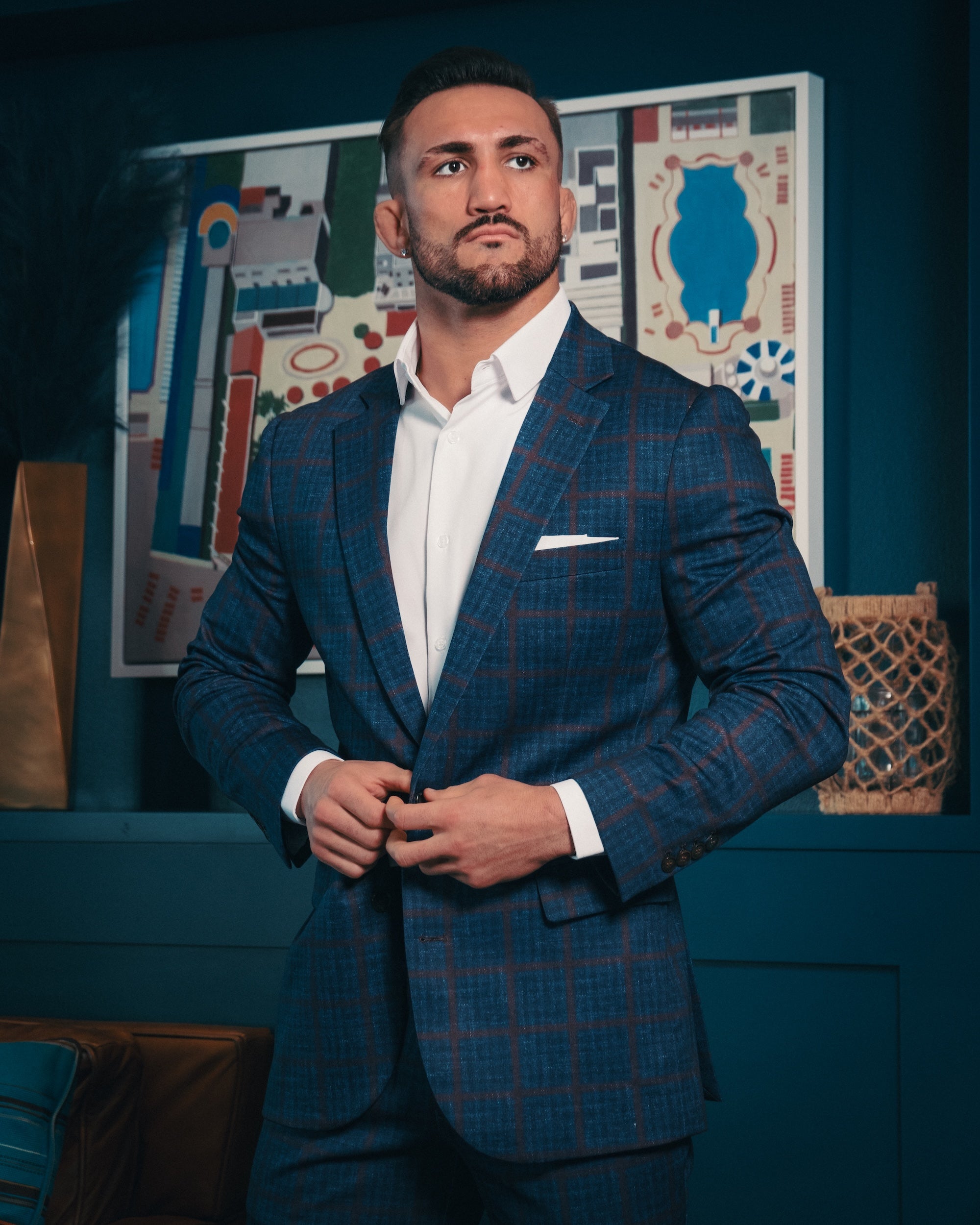 Athletic Fit Stretch Suit - Navy & Maroon Windowpane