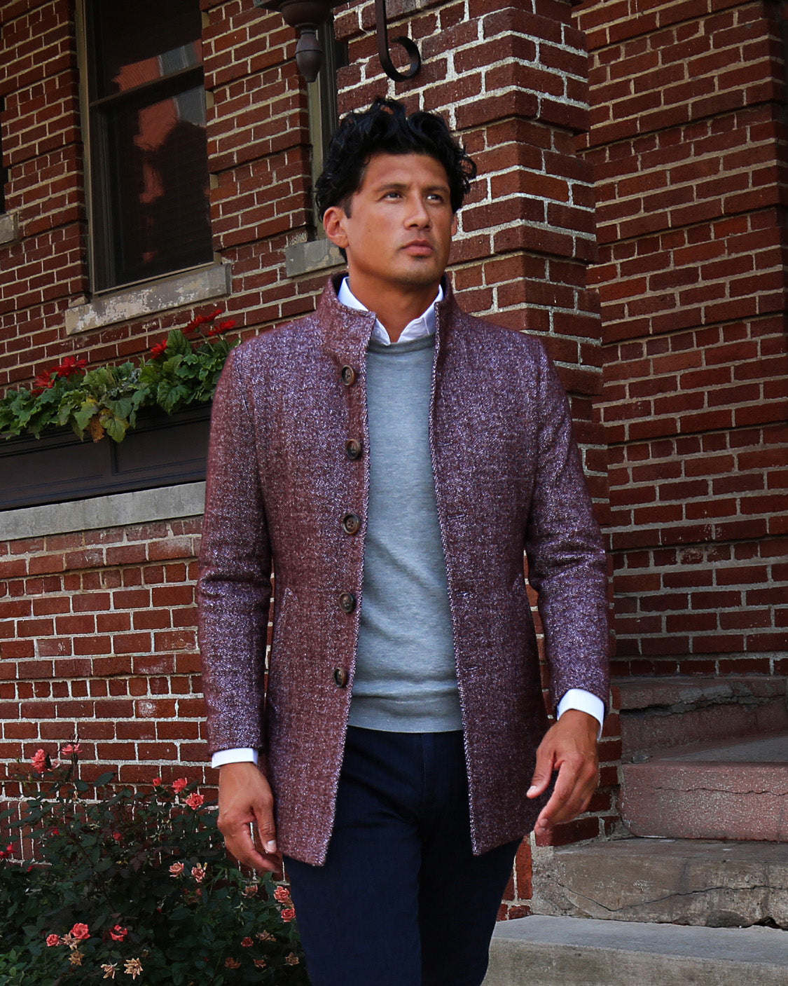 Open Button Overcoat - Maroon Herringbone