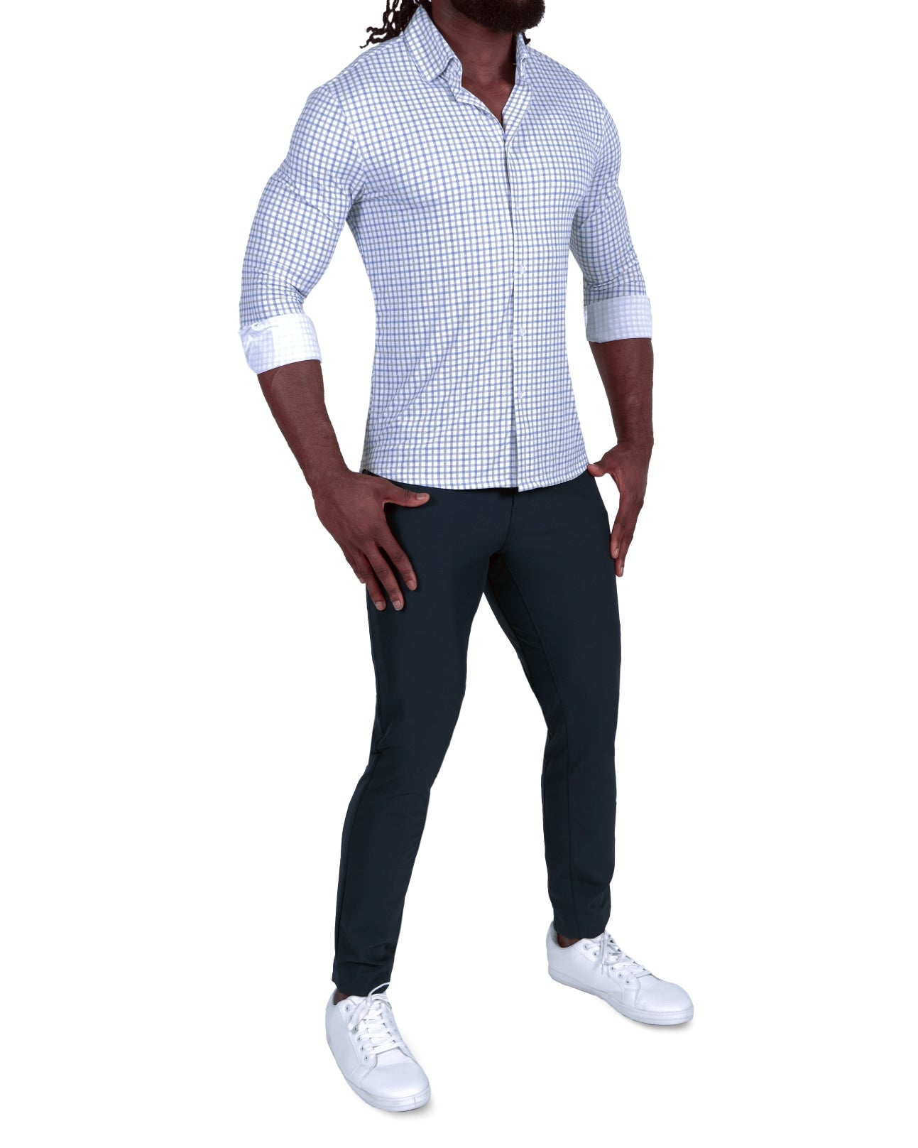 "The Dime" Sport Shirt - White, Grey & Light Blue Windowpane