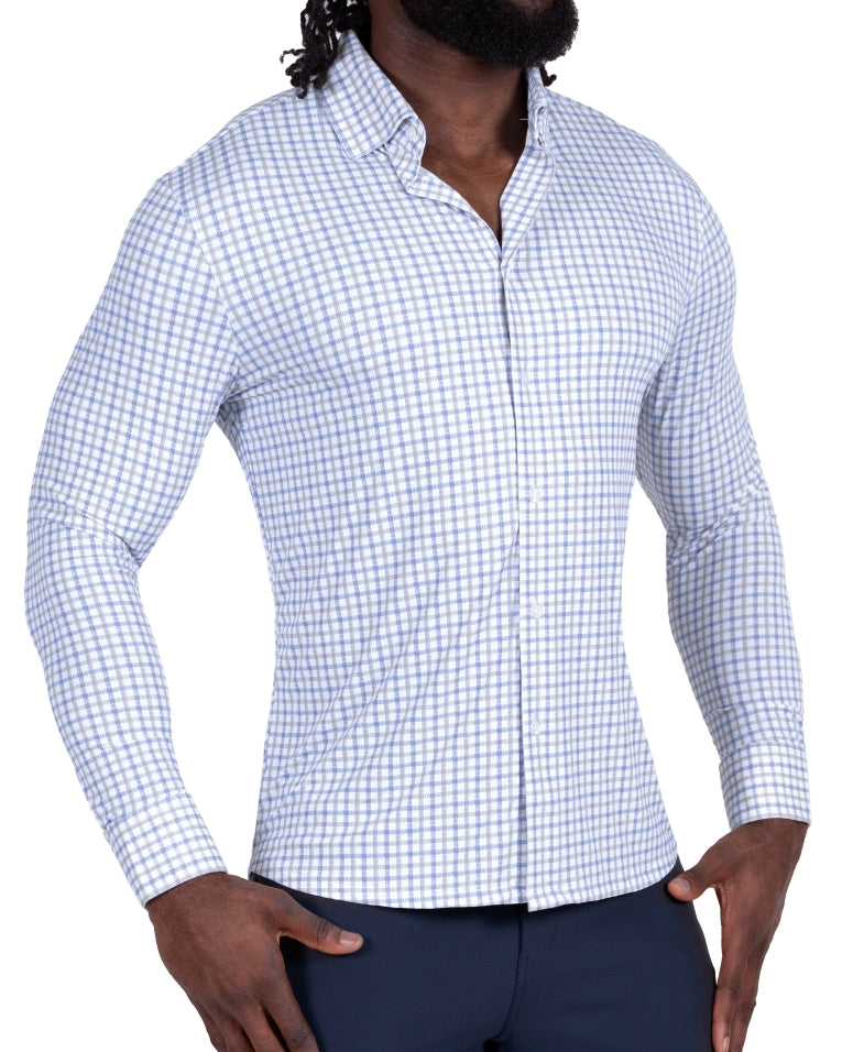 "The Dime" Sport Shirt - White, Grey & Light Blue Windowpane