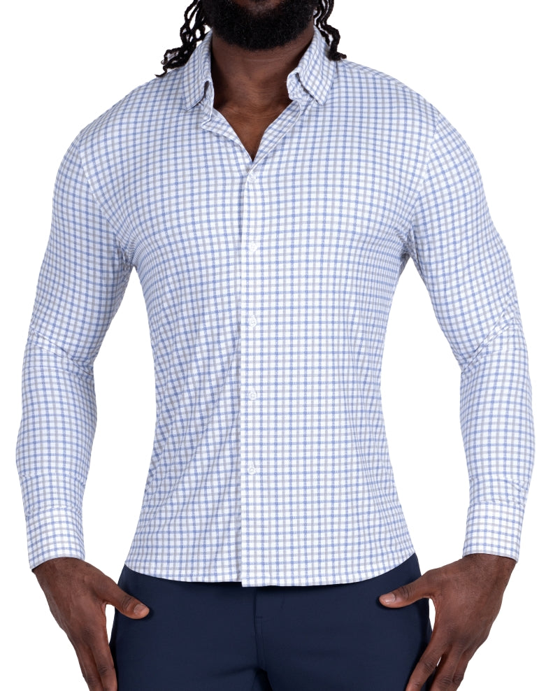 "The Dime" Sport Shirt - White, Grey & Light Blue Windowpane