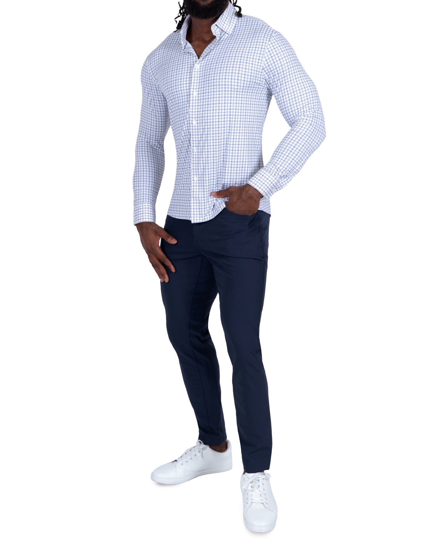 "The Dime" Sport Shirt - White, Grey & Light Blue Windowpane