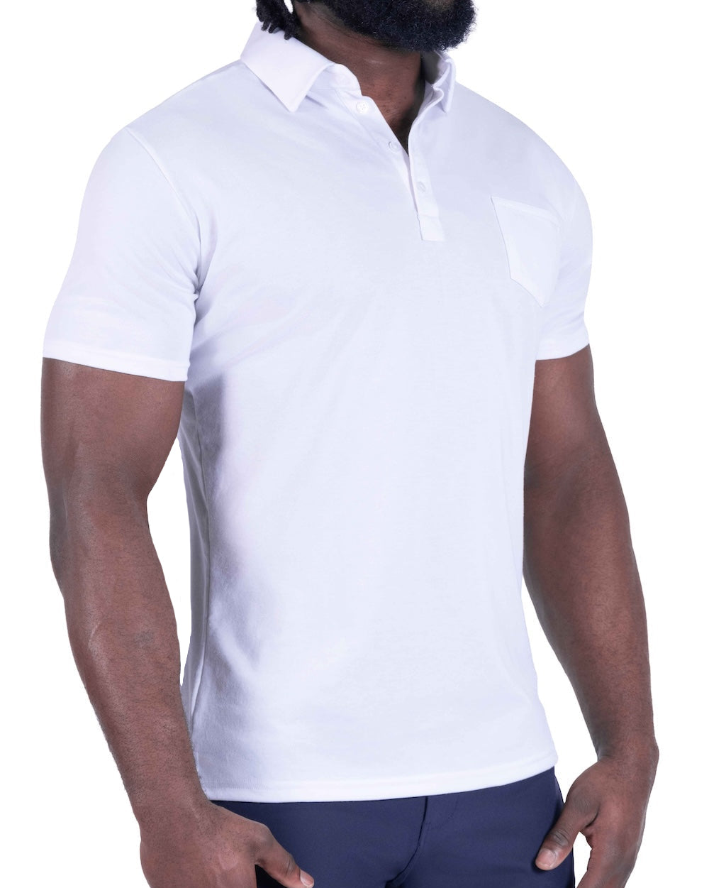 Person wearing a white polo shirt on a white background