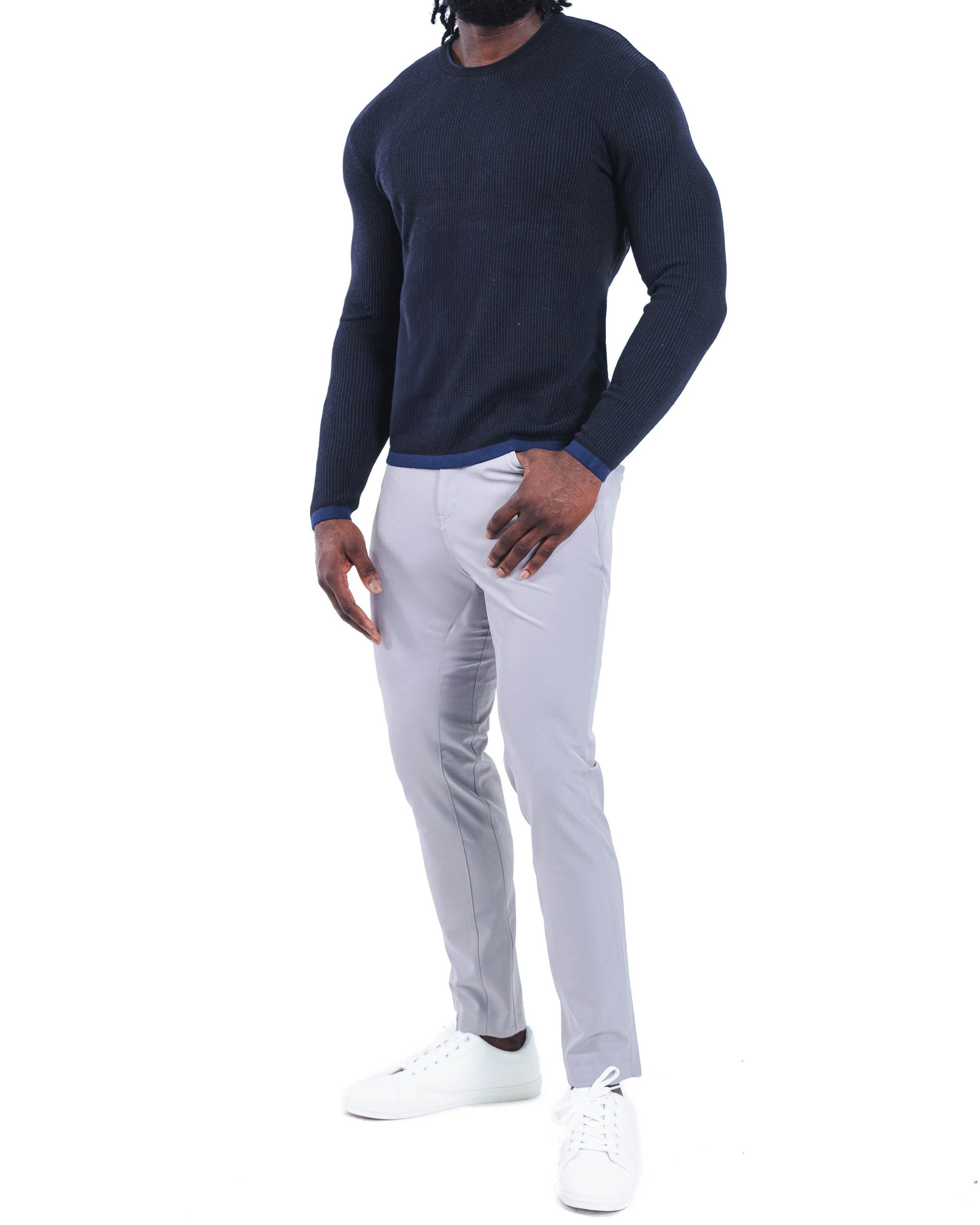 Lightweight Ribbed Knit Crewneck Sweater - Navy & Black