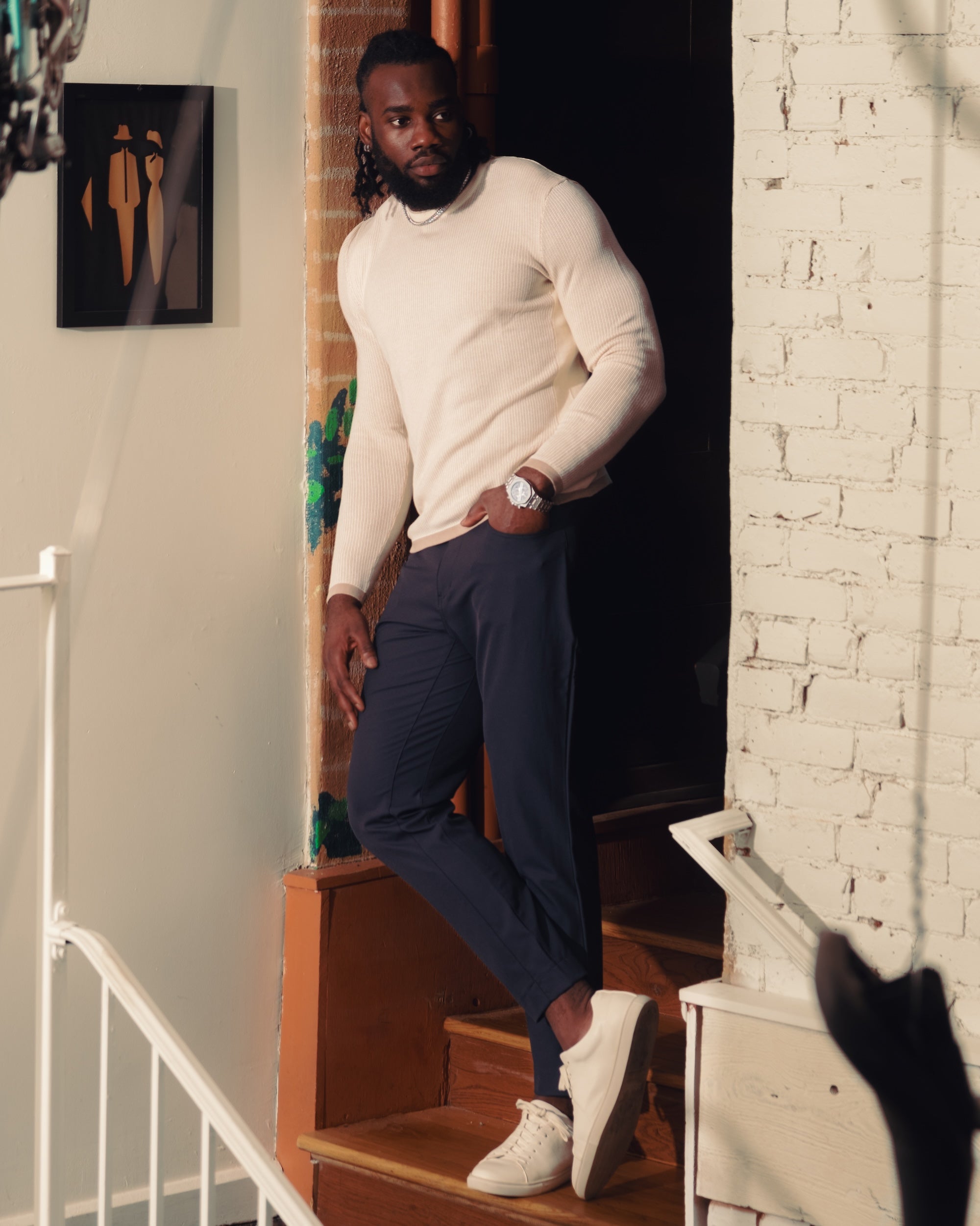 Lightweight Ribbed Knit Crewneck Sweater - Tan & Beige