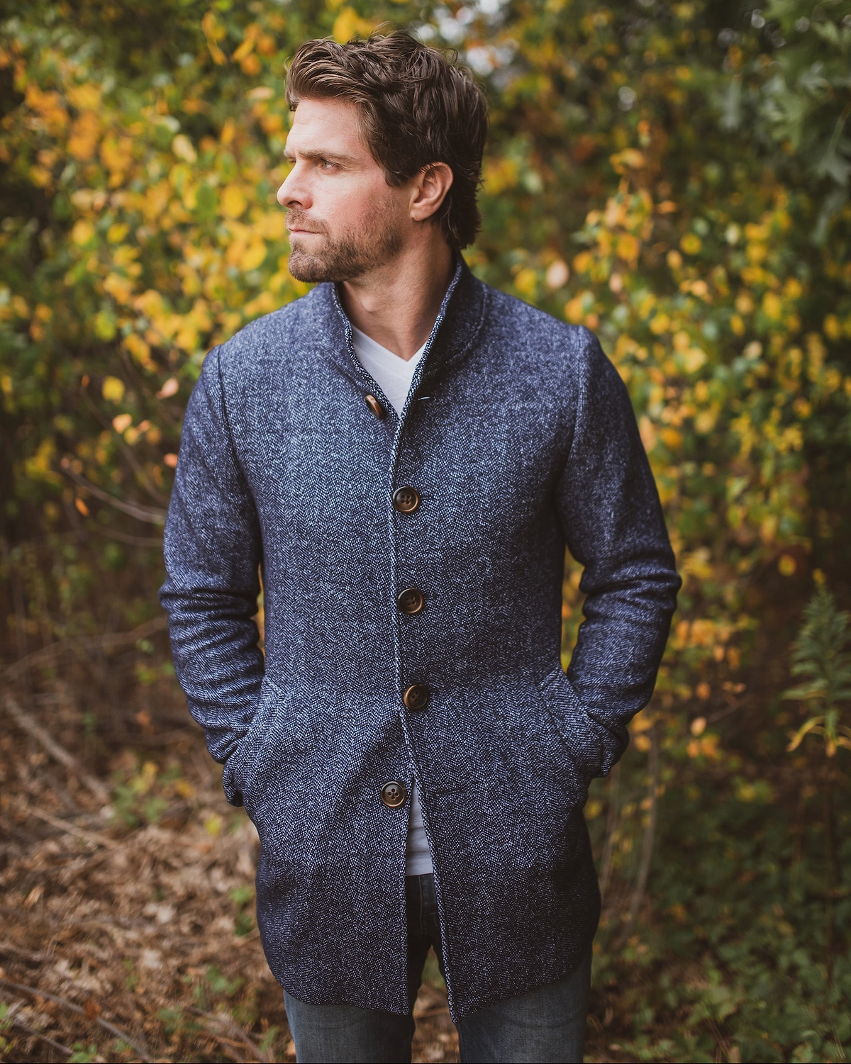 Open Button Overcoat - Navy Herringbone