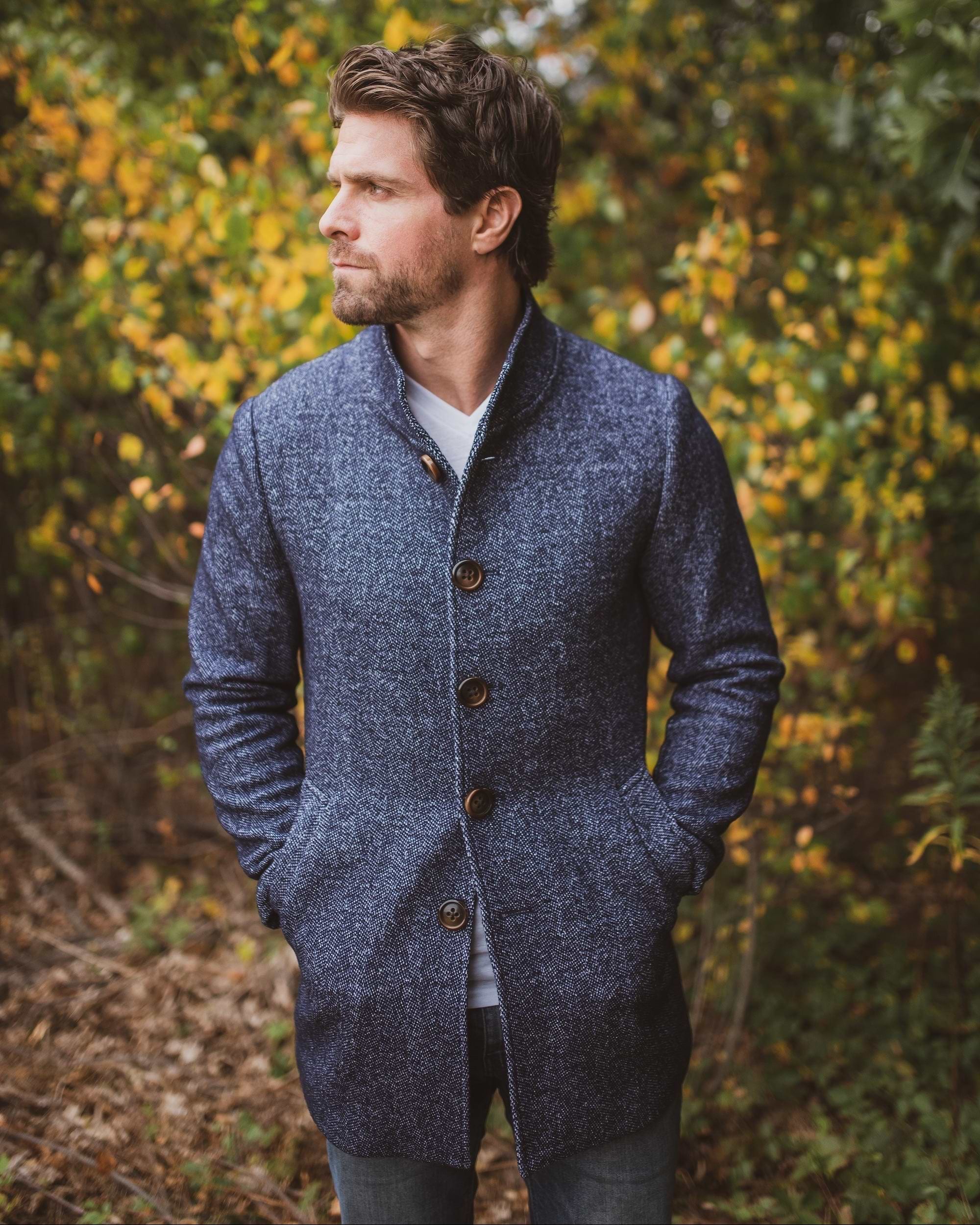 Open Button Overcoat - Navy Herringbone