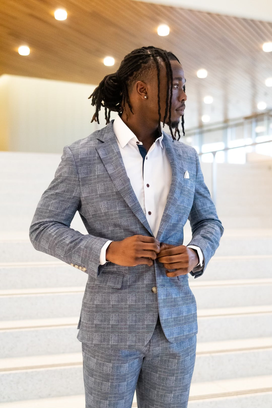 Athletic Fit Stretch Blazer - Grey with Blue Plaid