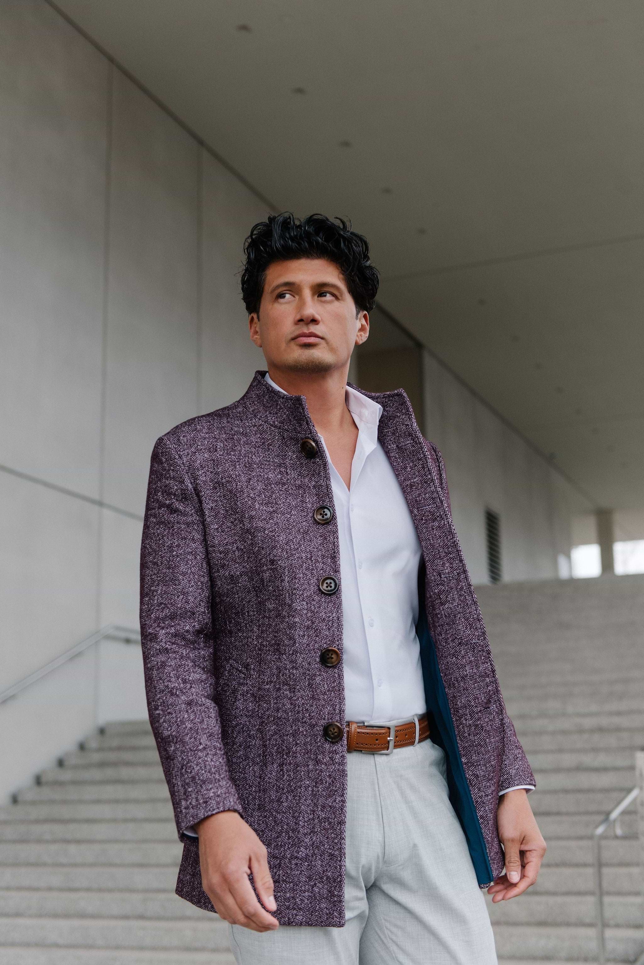 Open Button Overcoat - Maroon Herringbone