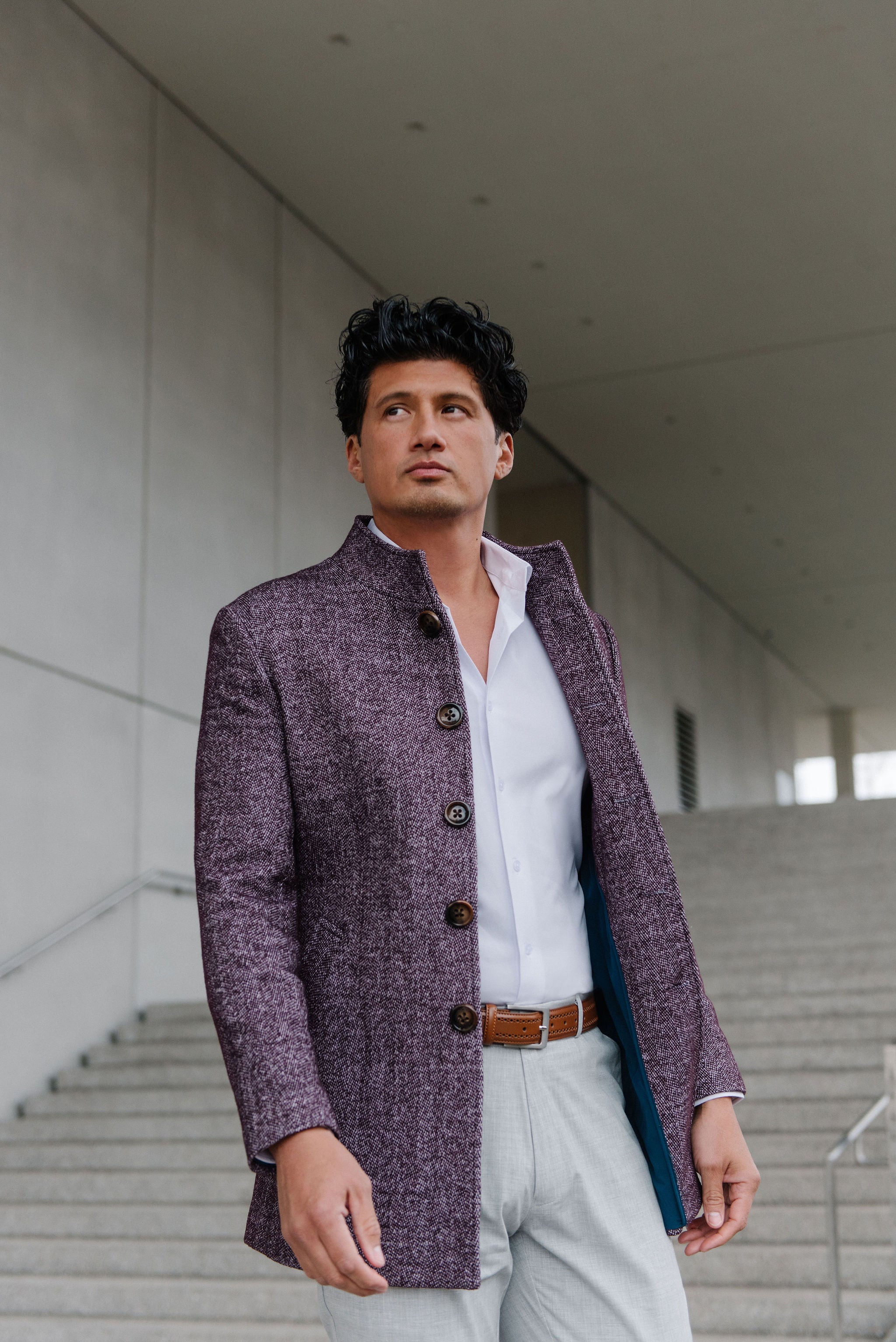 Open Button Overcoat - Maroon Herringbone