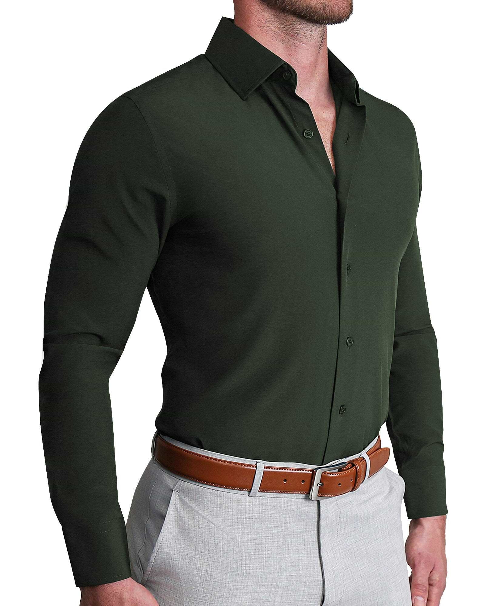 A man wearing a dark olive green, long-sleeved, button-up dress shirt with a structured collar and single button cuffs.