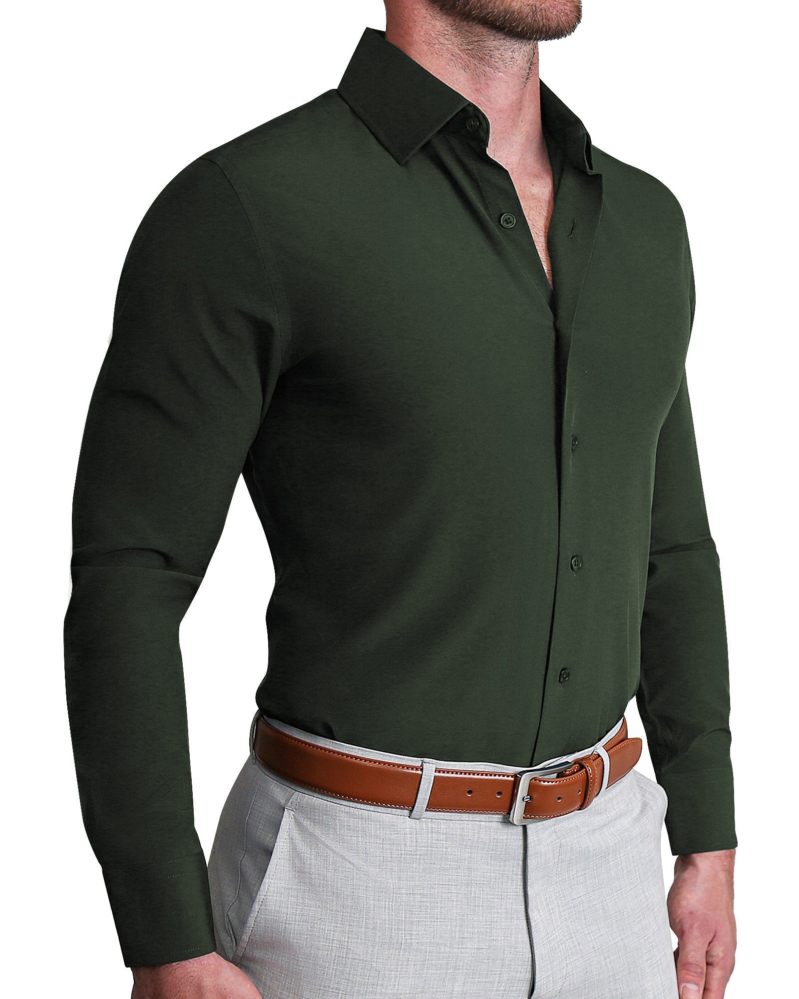 A man wearing a dark olive green, long-sleeved, button-up dress shirt with a structured collar and single button cuffs.