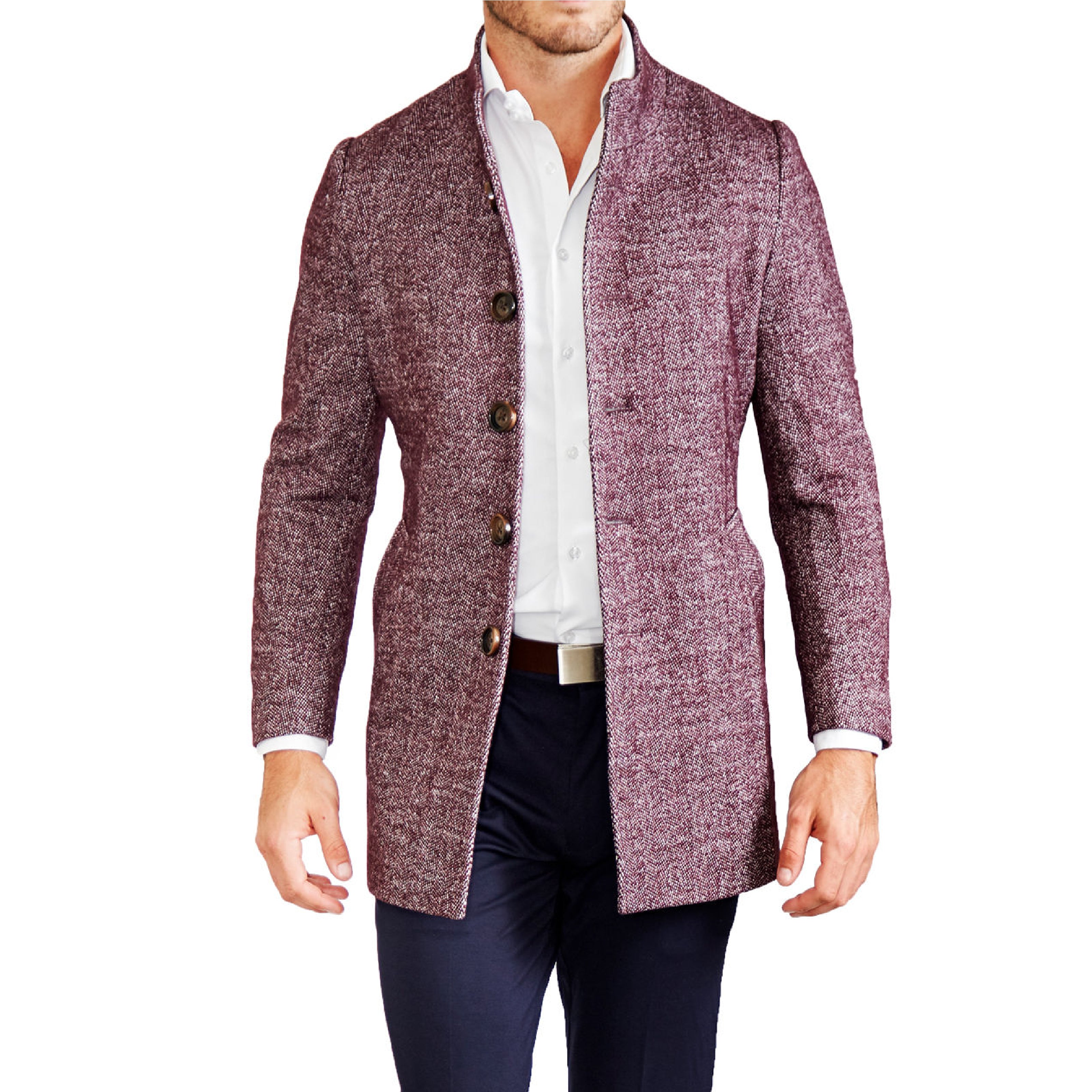 Maroon Herringbone Open Button Overcoat