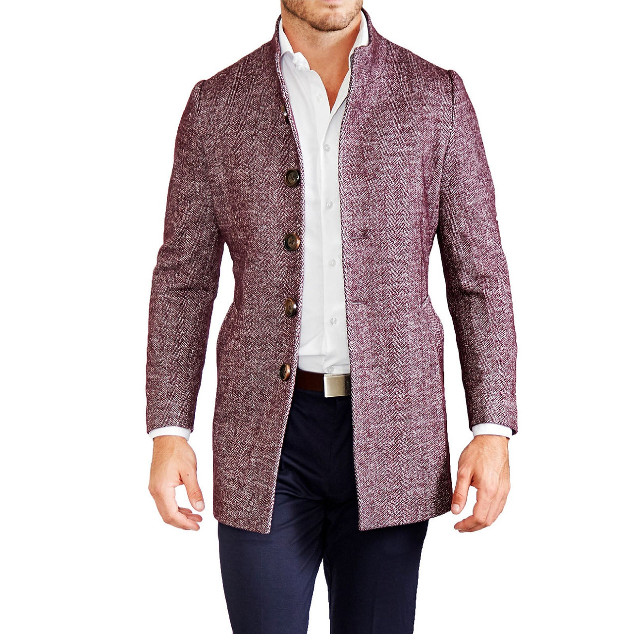 Open Button Overcoat - Maroon Herringbone
