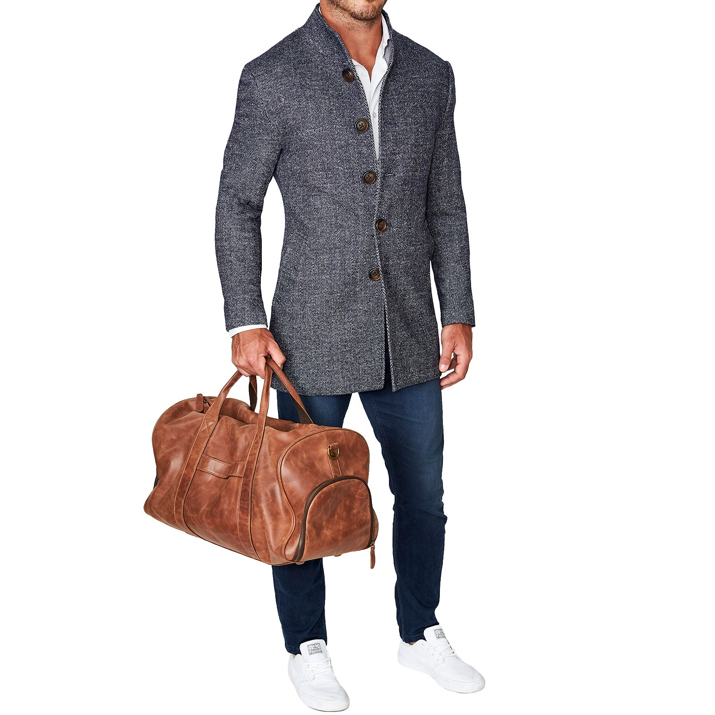 Open Button Overcoat - Navy Herringbone
