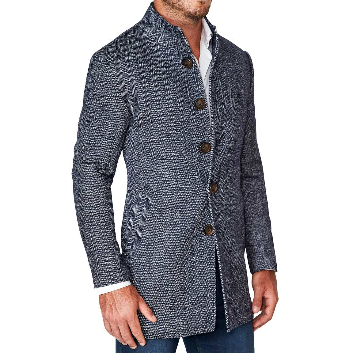 Open Button Overcoat - Navy Herringbone