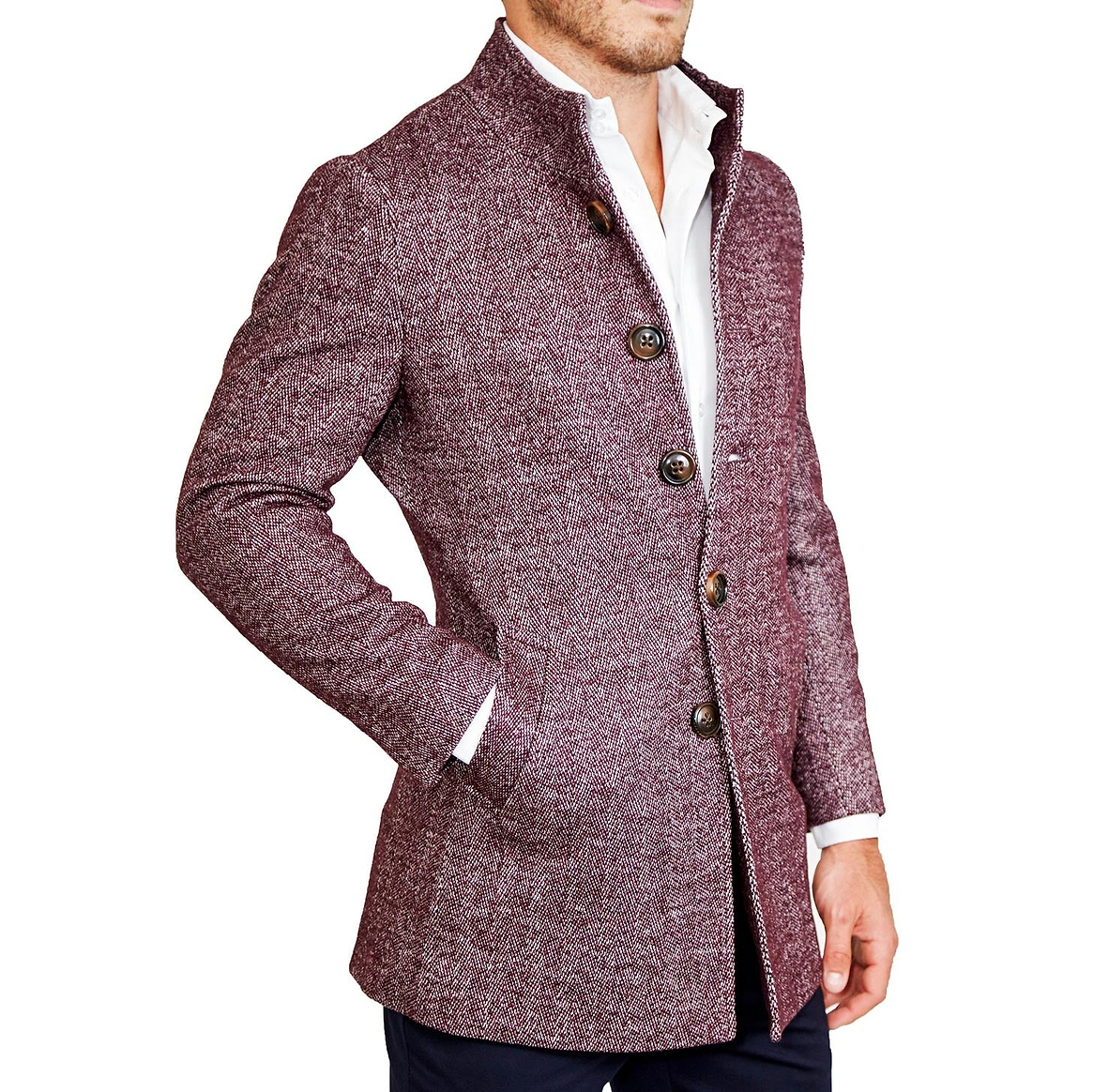 Open Button Overcoat - Maroon Herringbone