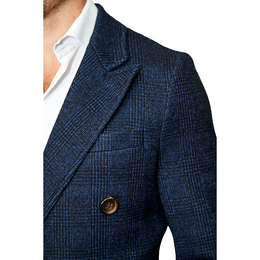 Navy Plaid Double-Breasted Overcoat