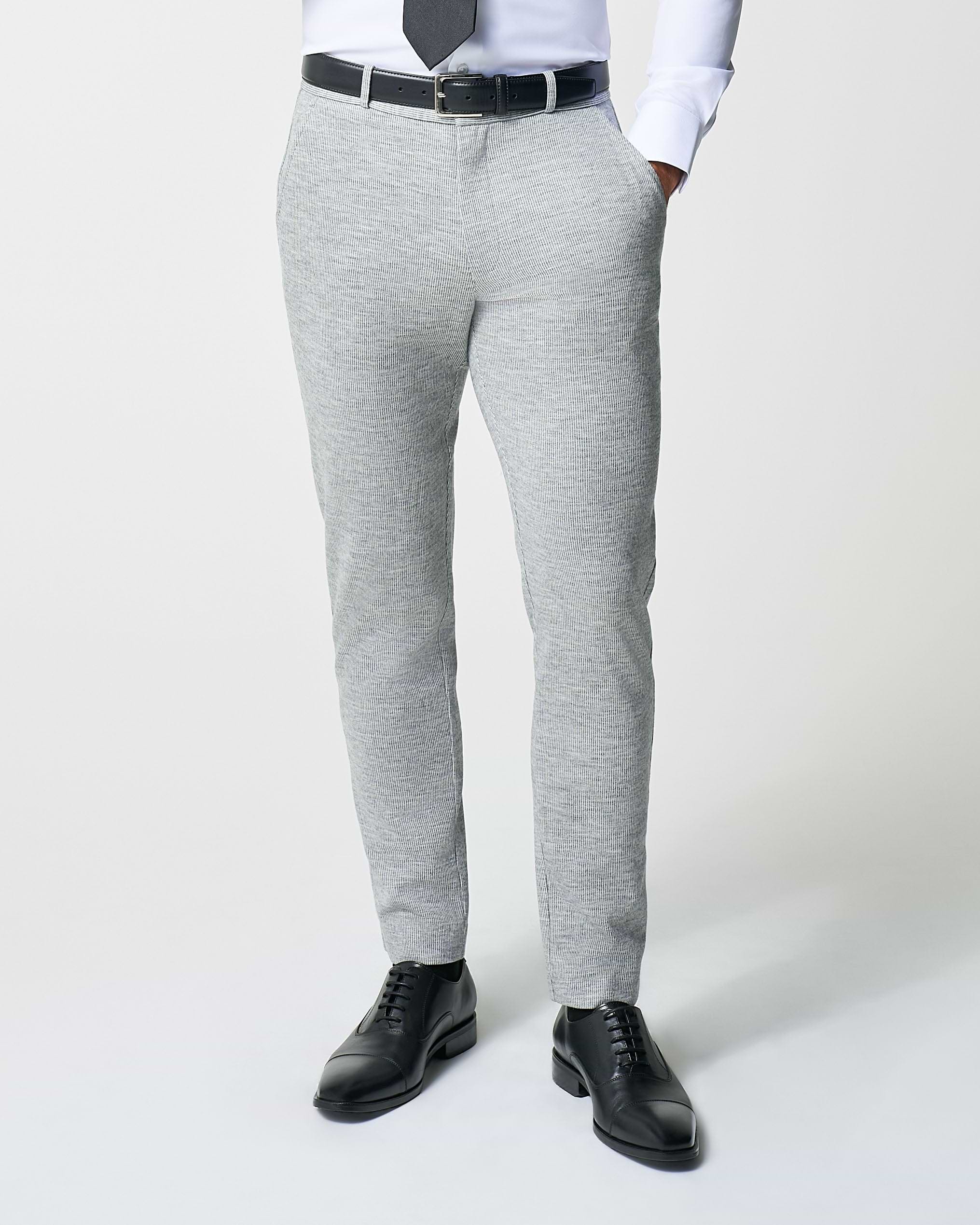 Athletic Fit Stretch Wool Suit Pants - Light Grey with White Mini Stripe