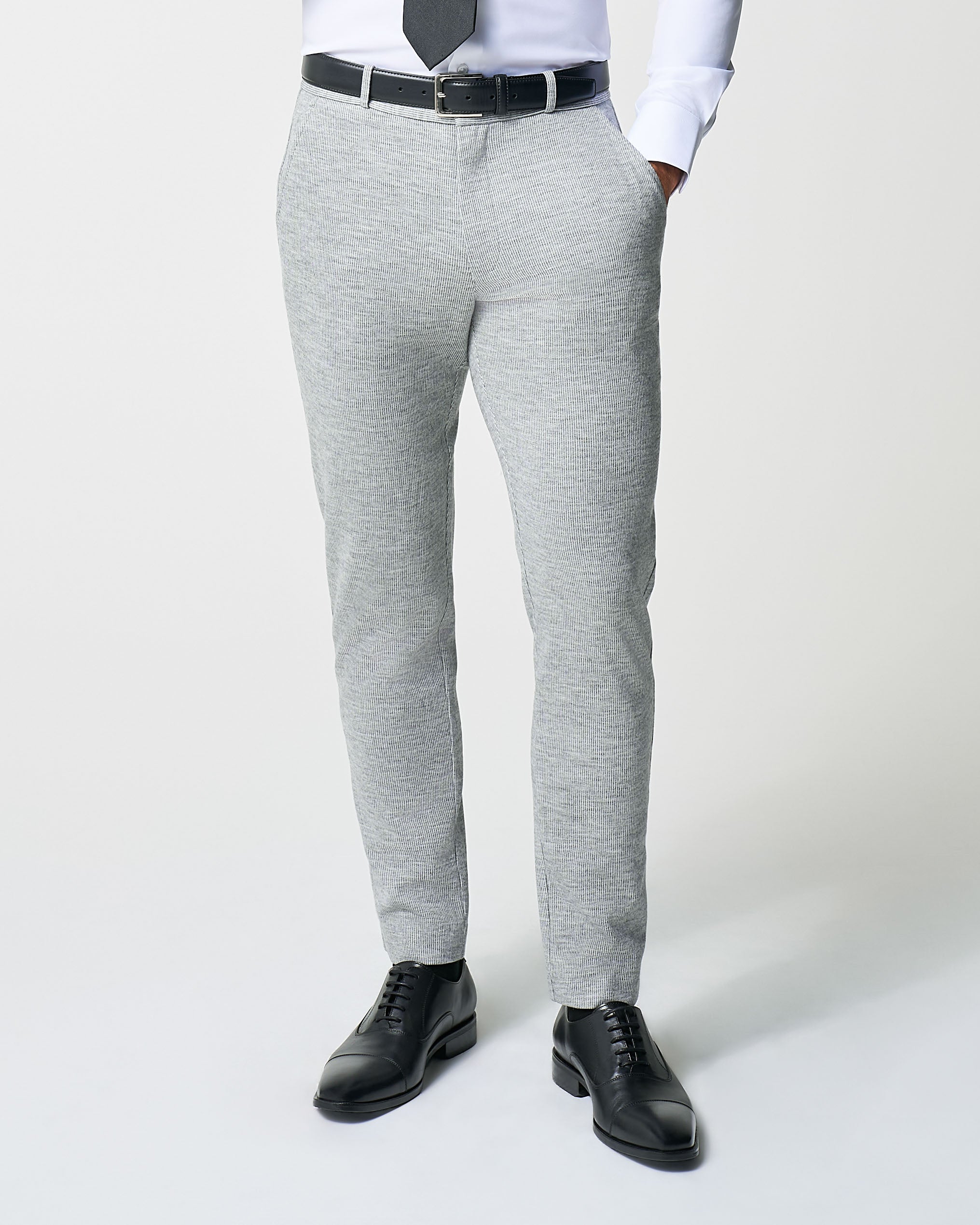 Athletic Fit Stretch Wool Suit Pants - Light Grey with White Mini Stripe
