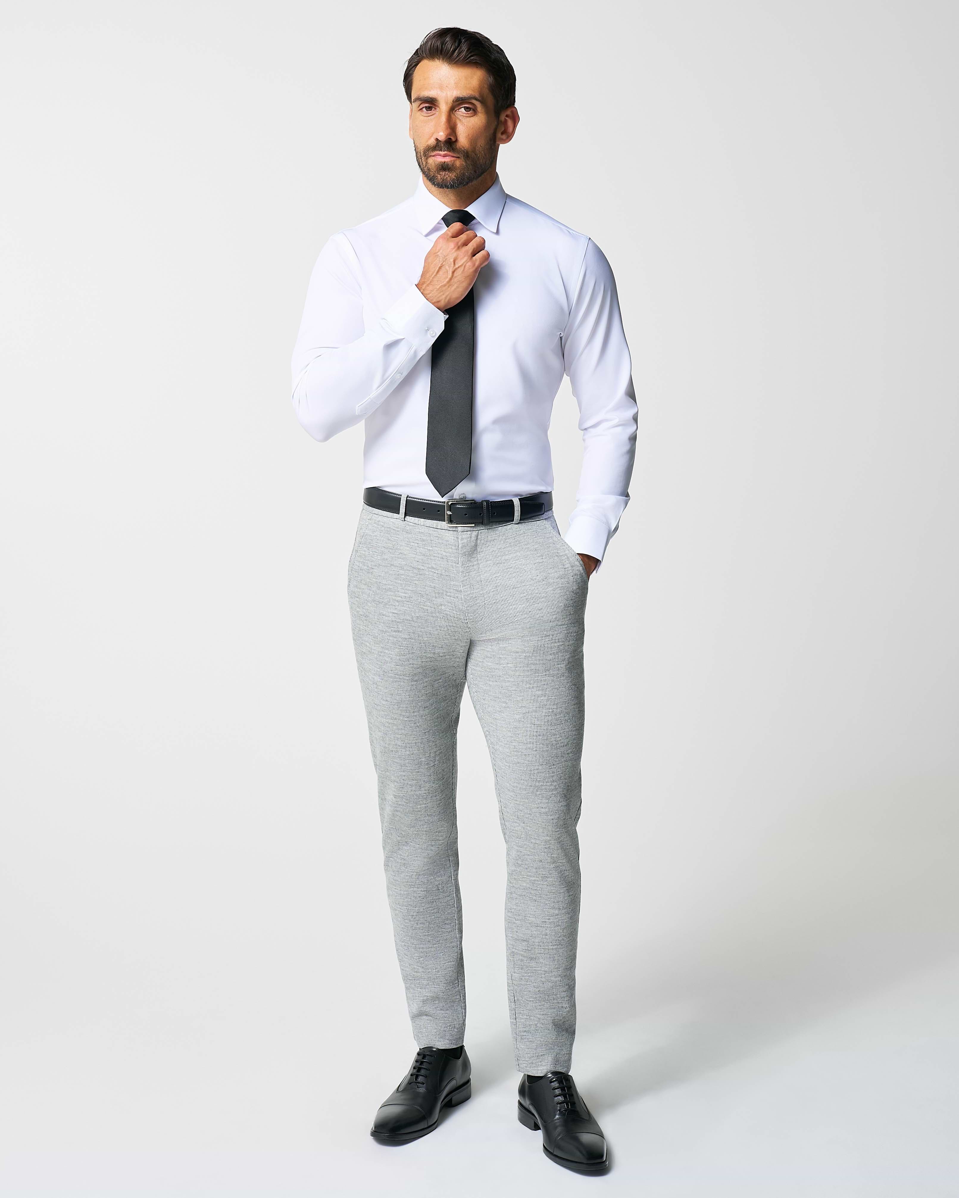 Athletic Fit Stretch Wool Suit Pants - Light Grey with White Mini Stripe