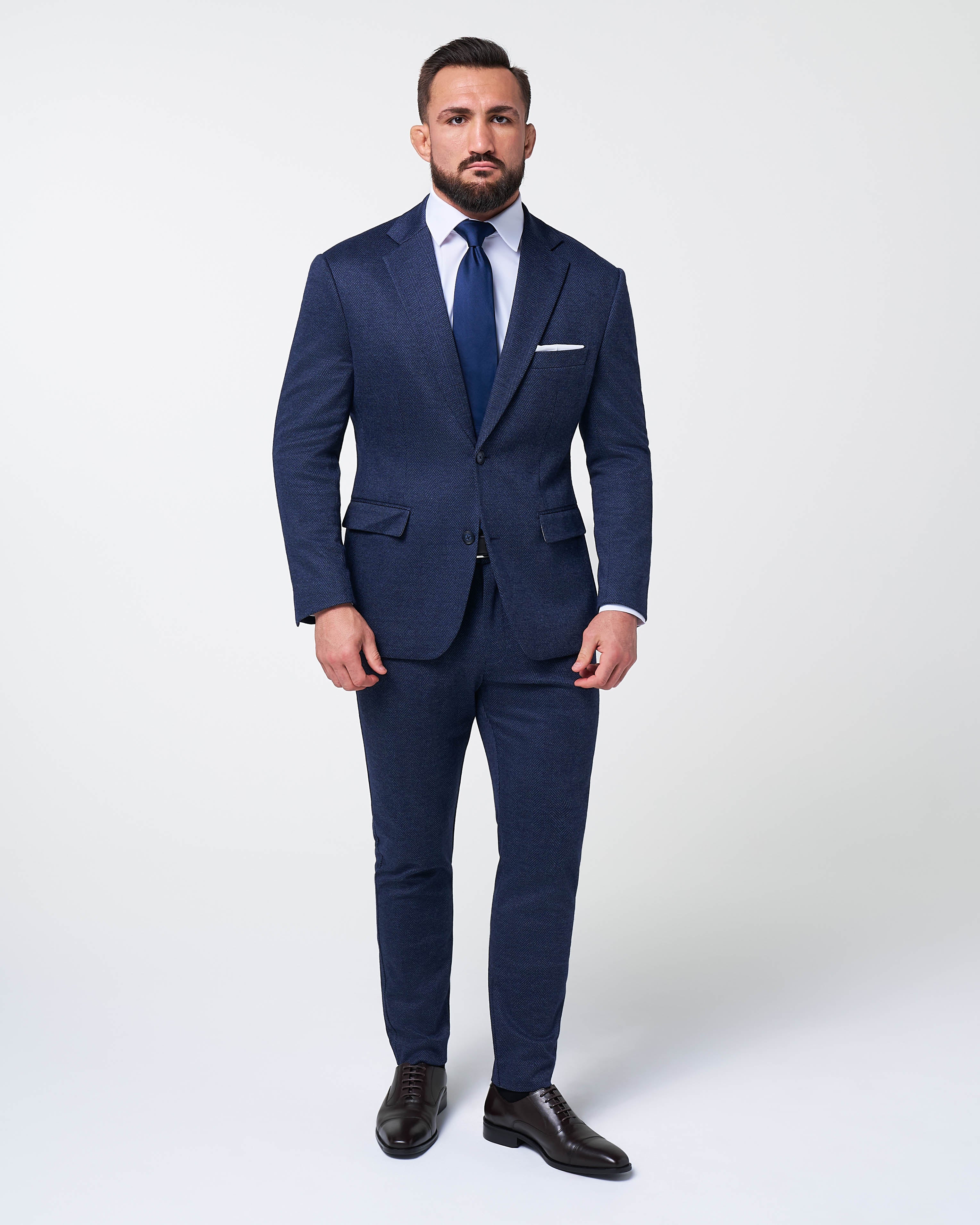 Athletic Fit Stretch Wool Suit Pants - Navy Herringbone