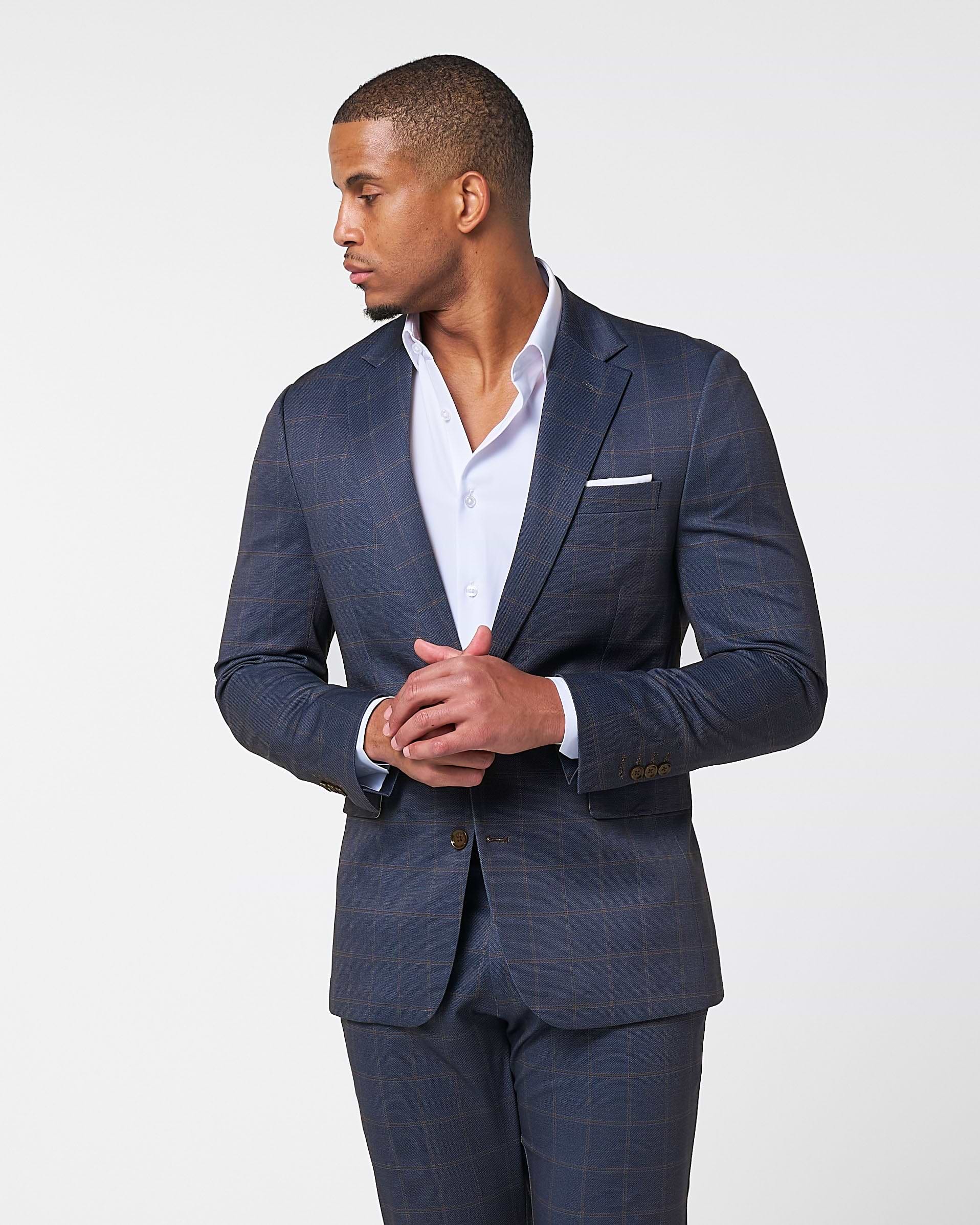 Athletic Fit Stretch Blazer - Navy & Brown Windowpane