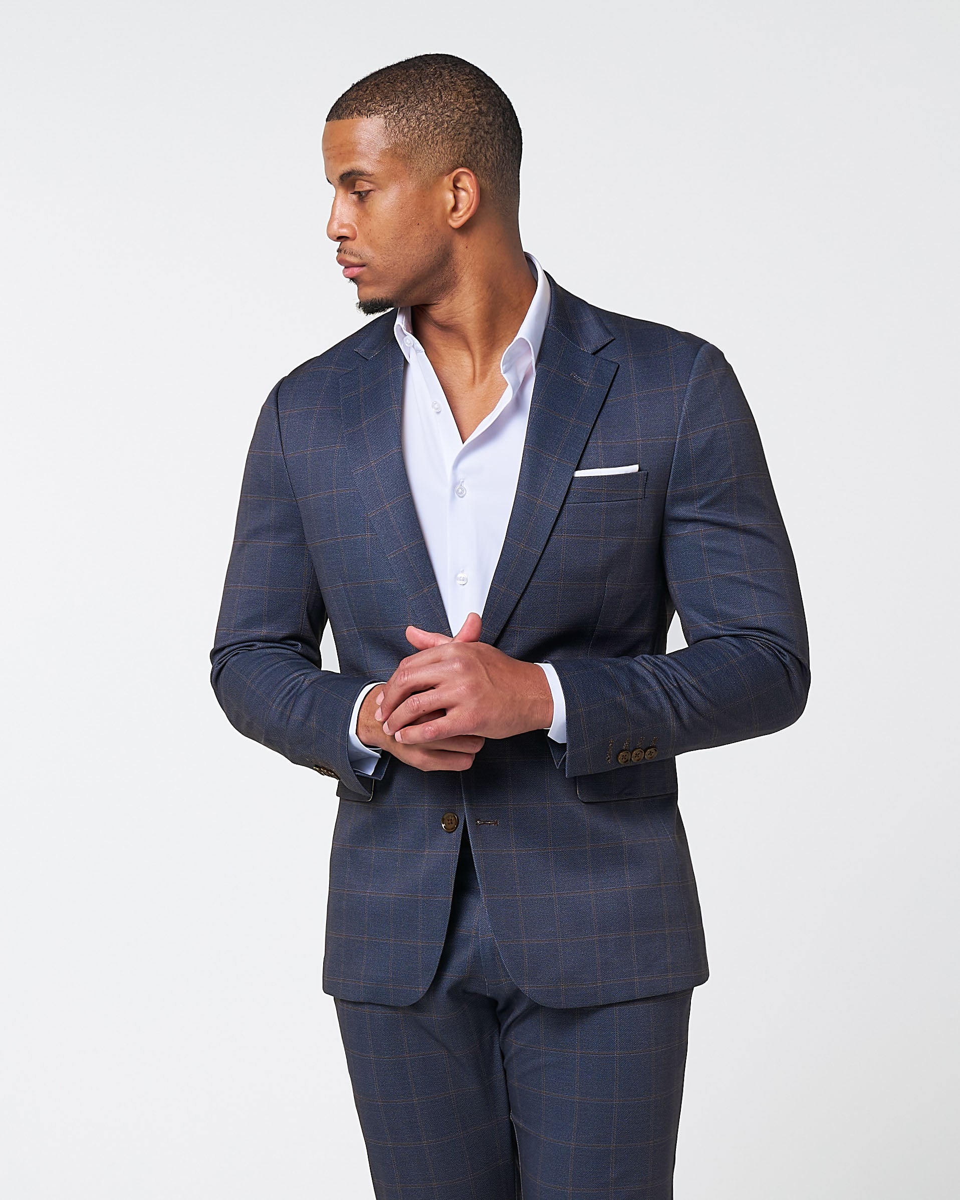 Athletic Fit Stretch Blazer - Navy & Brown Windowpane