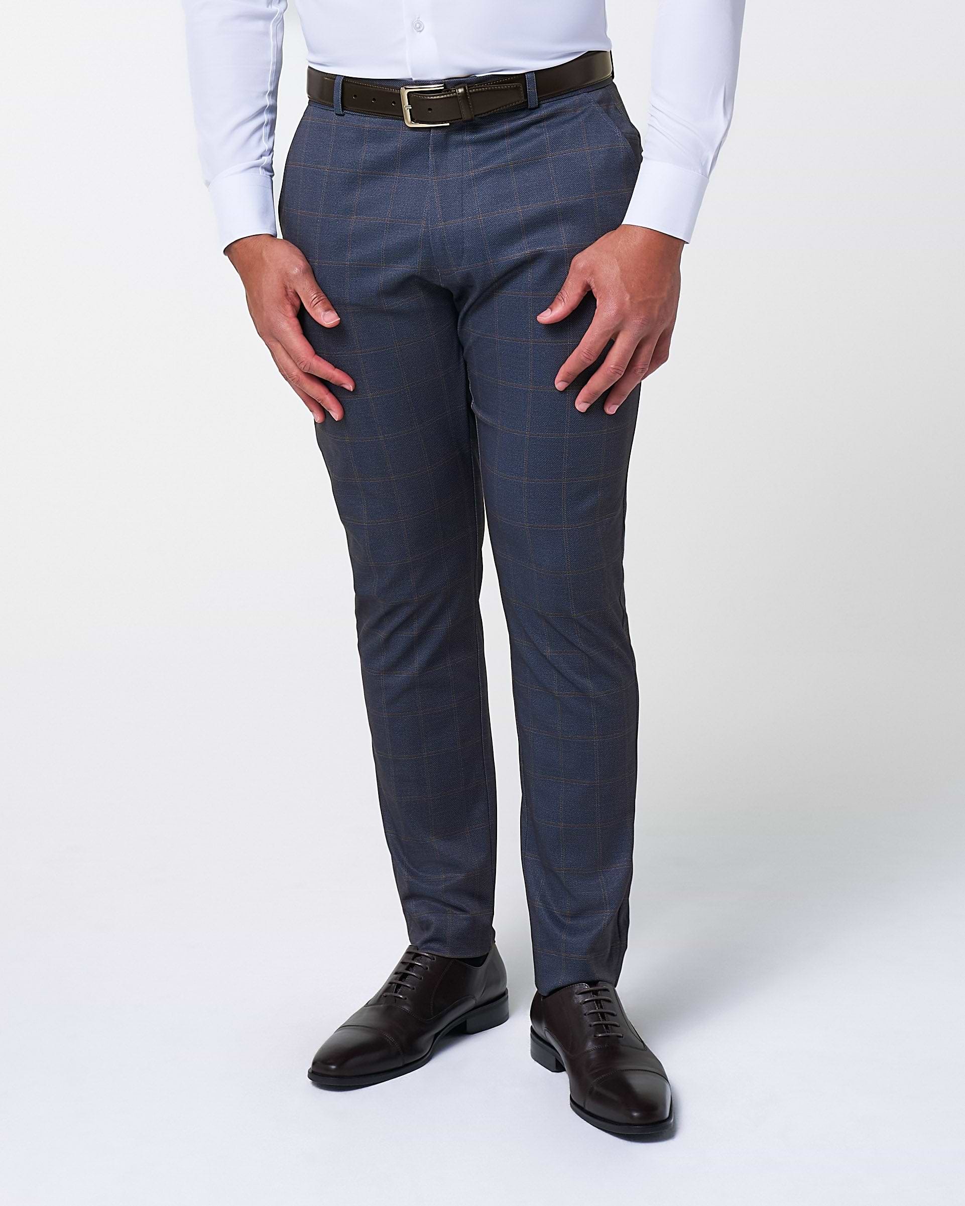 Athletic Fit Stretch Suit Pants - Navy & Brown Windowpane