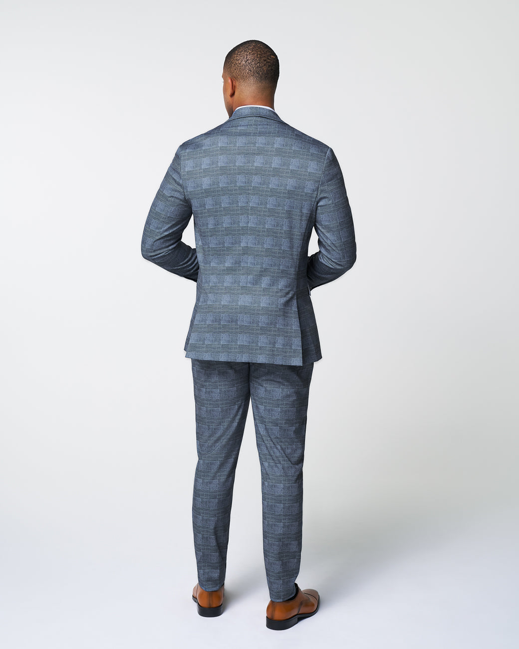 Athletic Fit Stretch Suit - Knit Light Blue, Navy & White Plaid