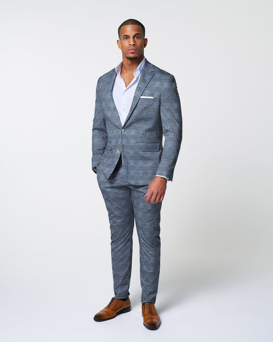 Athletic Fit Stretch Suit - Knit Light Blue, Navy & White Plaid