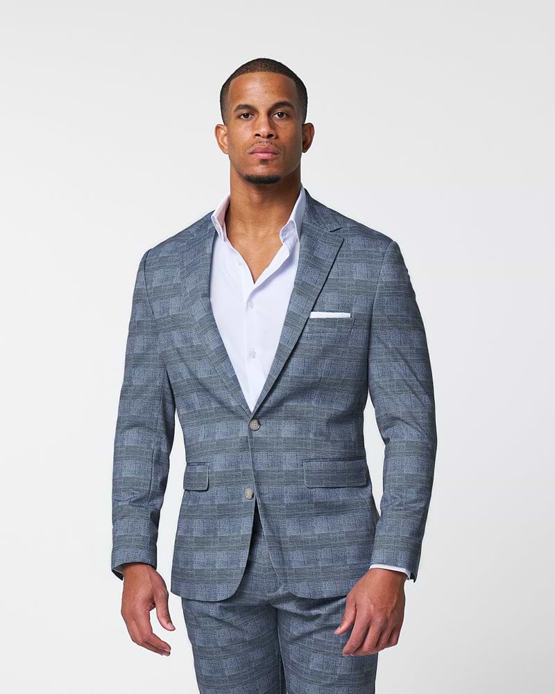 Athletic Fit Stretch Suit - Knit Light Blue, Navy & White Plaid