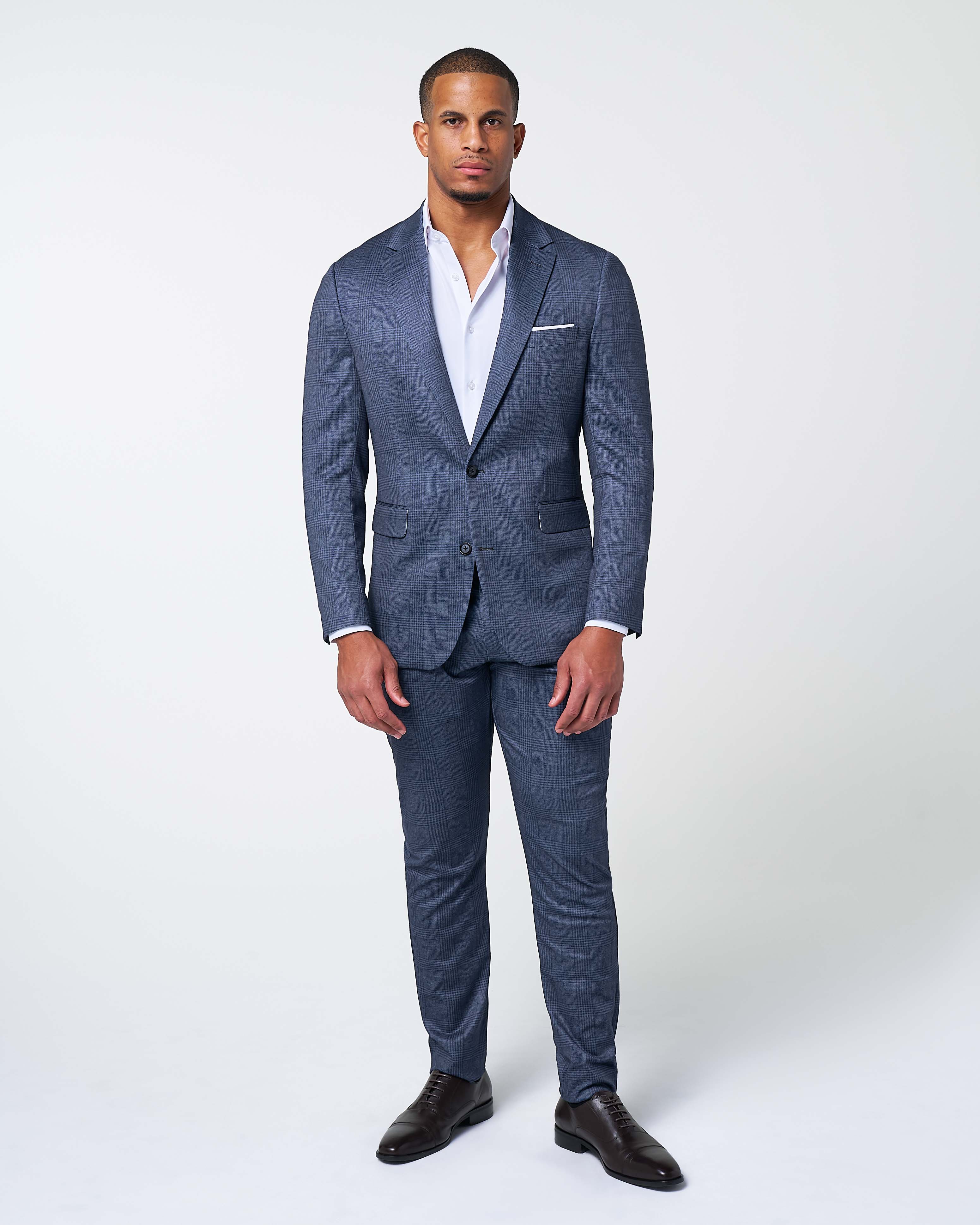 Athletic Fit Stretch Suit - Storm Blue & Navy Plaid