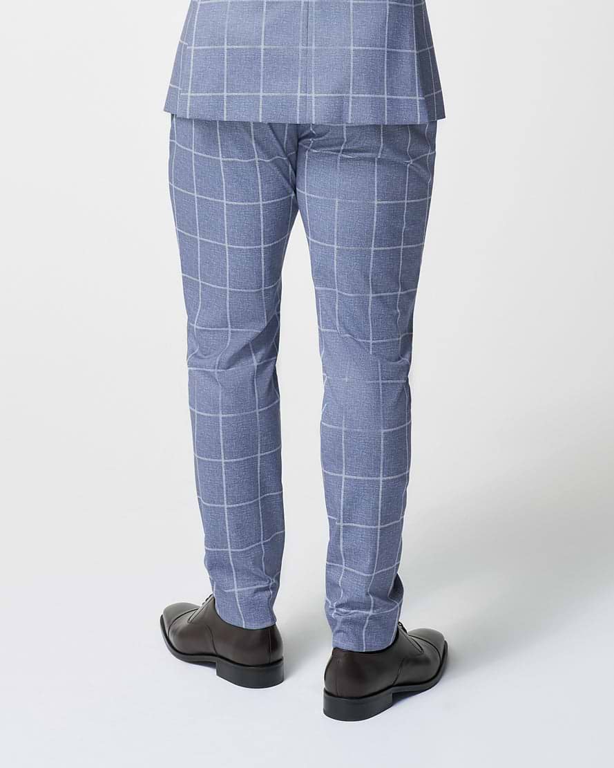 Athletic Fit Stretch Suit Pants - Textured Light Blue with White Windowpane
