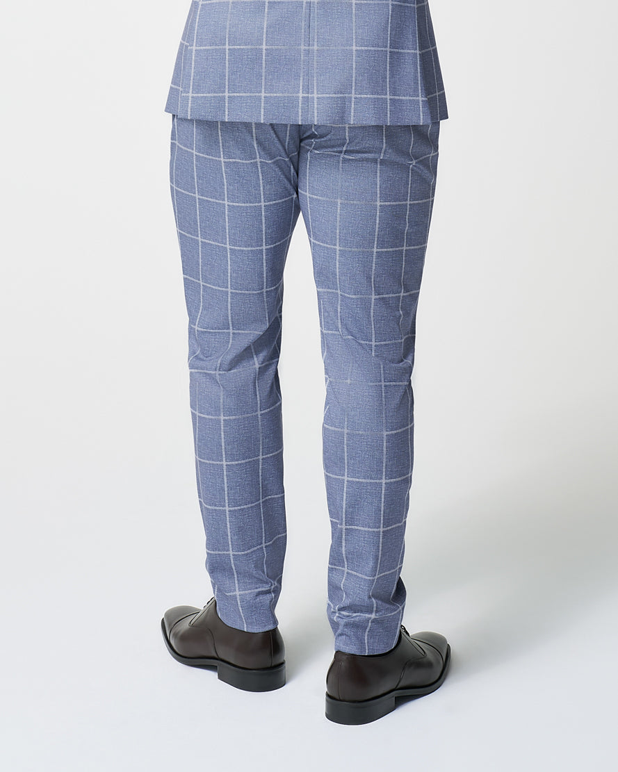 Athletic Fit Stretch Suit Pants - Textured Light Blue with White Windowpane