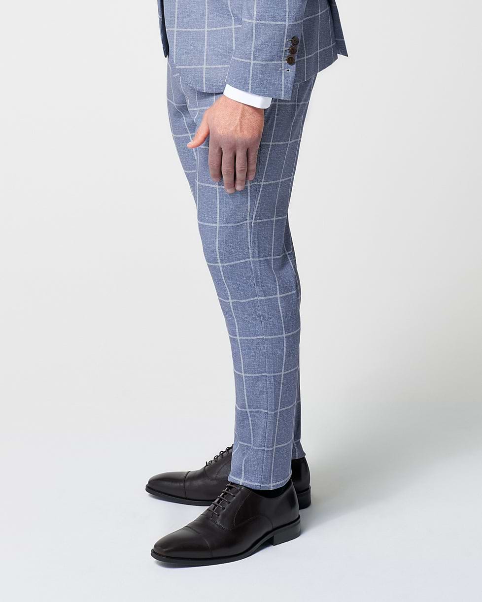 Athletic Fit Stretch Suit Pants - Textured Light Blue with White Windowpane