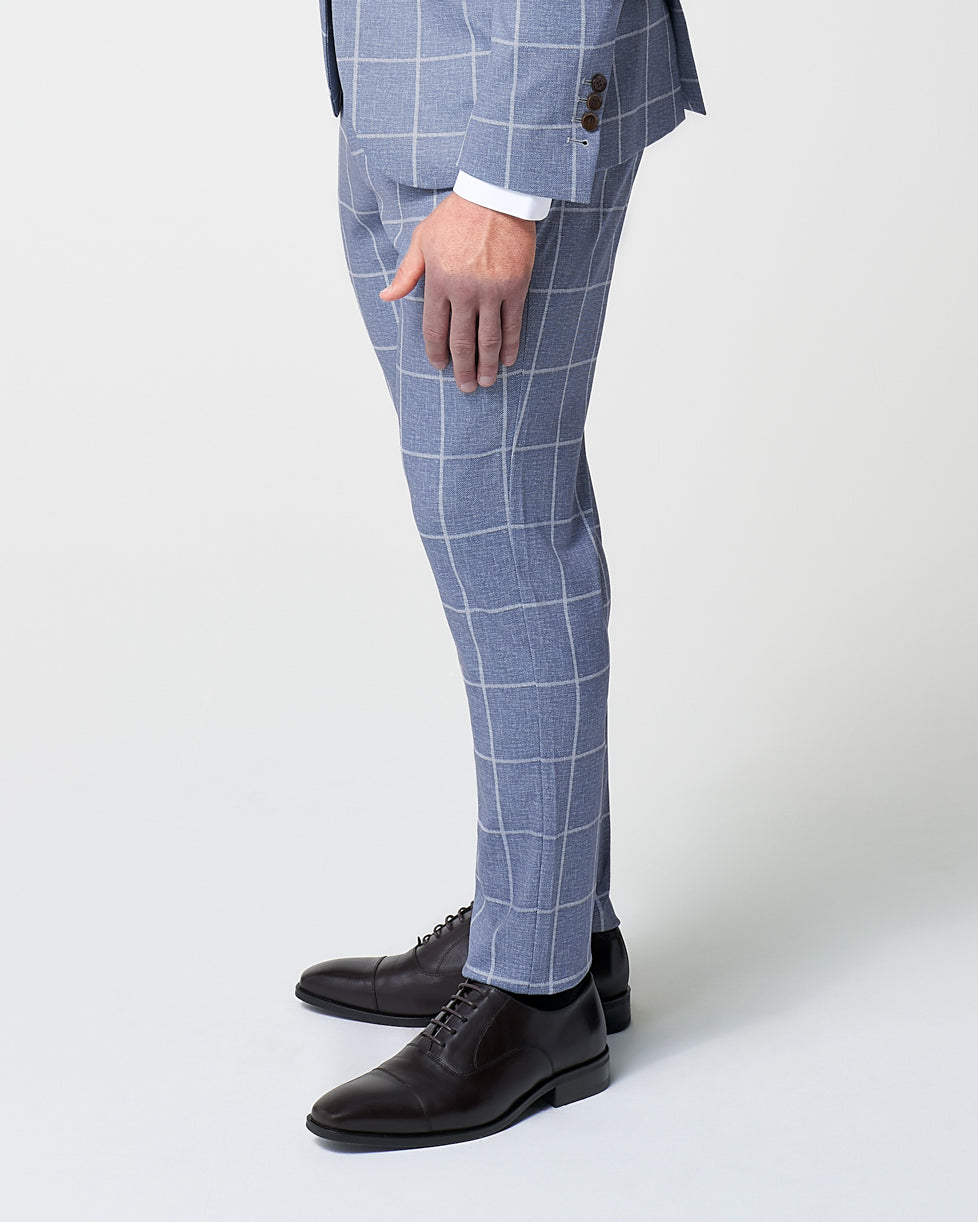 Athletic Fit Stretch Suit Pants - Textured Light Blue with White Windowpane