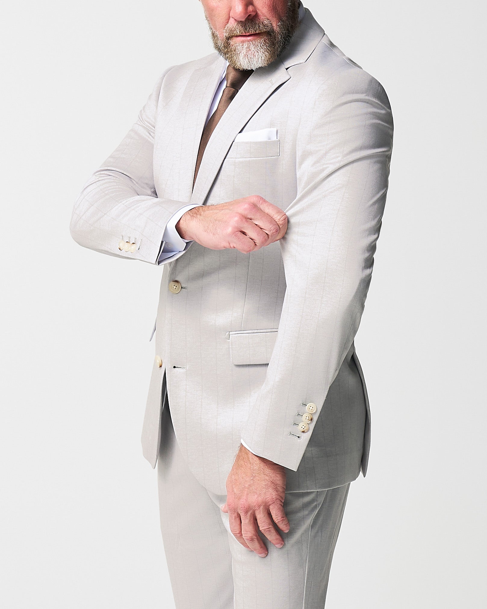 Athletic Fit Stretch Suit - Bone with Tan Stripes