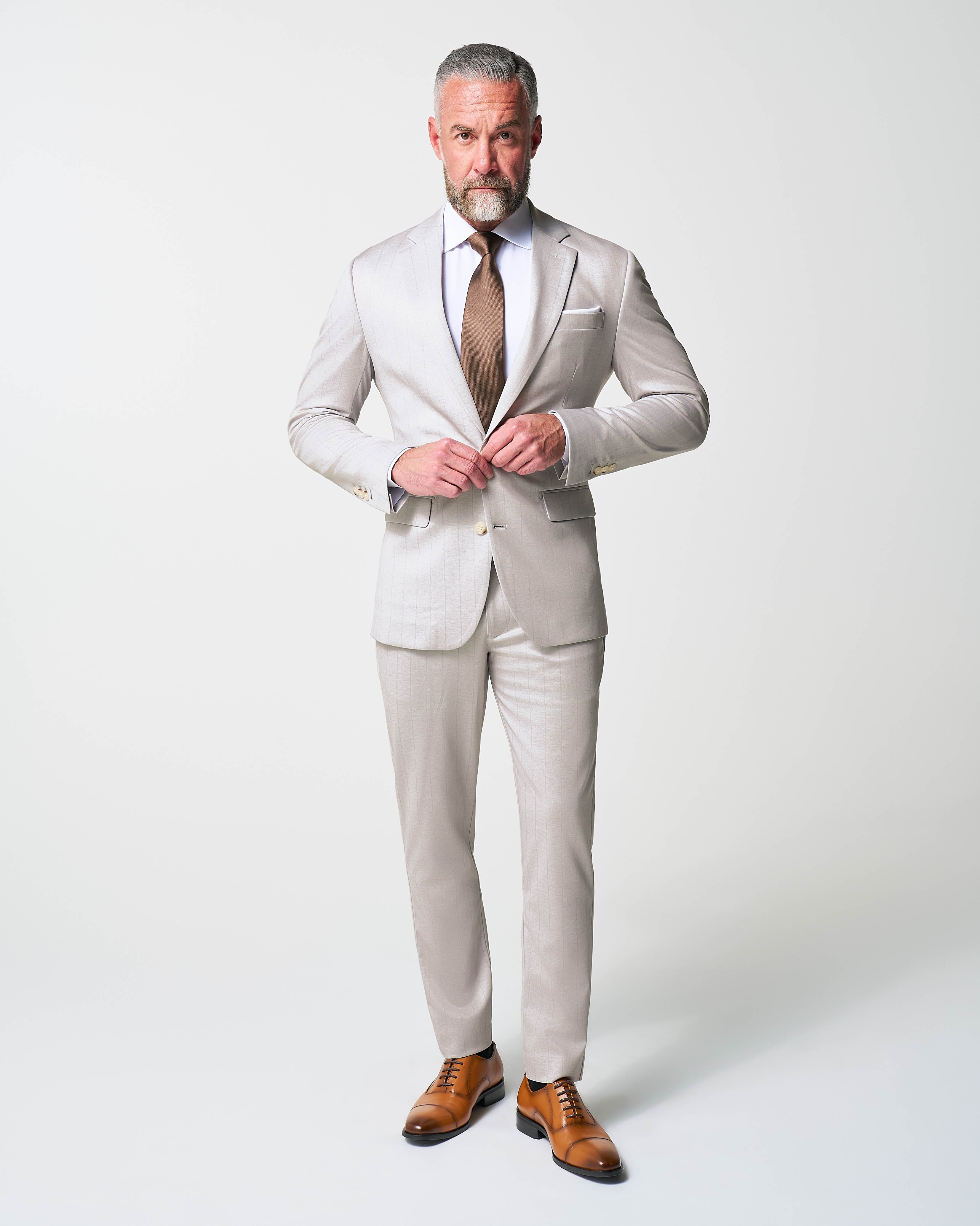 Athletic Fit Stretch Suit - Bone with Tan Stripes