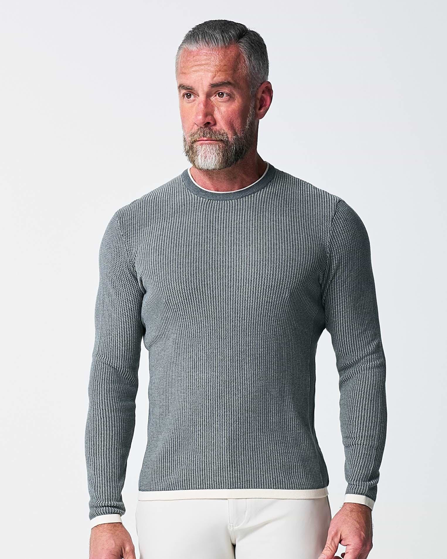 Lightweight Ribbed Knit Crewneck Sweater - Dark Grey & Beige
