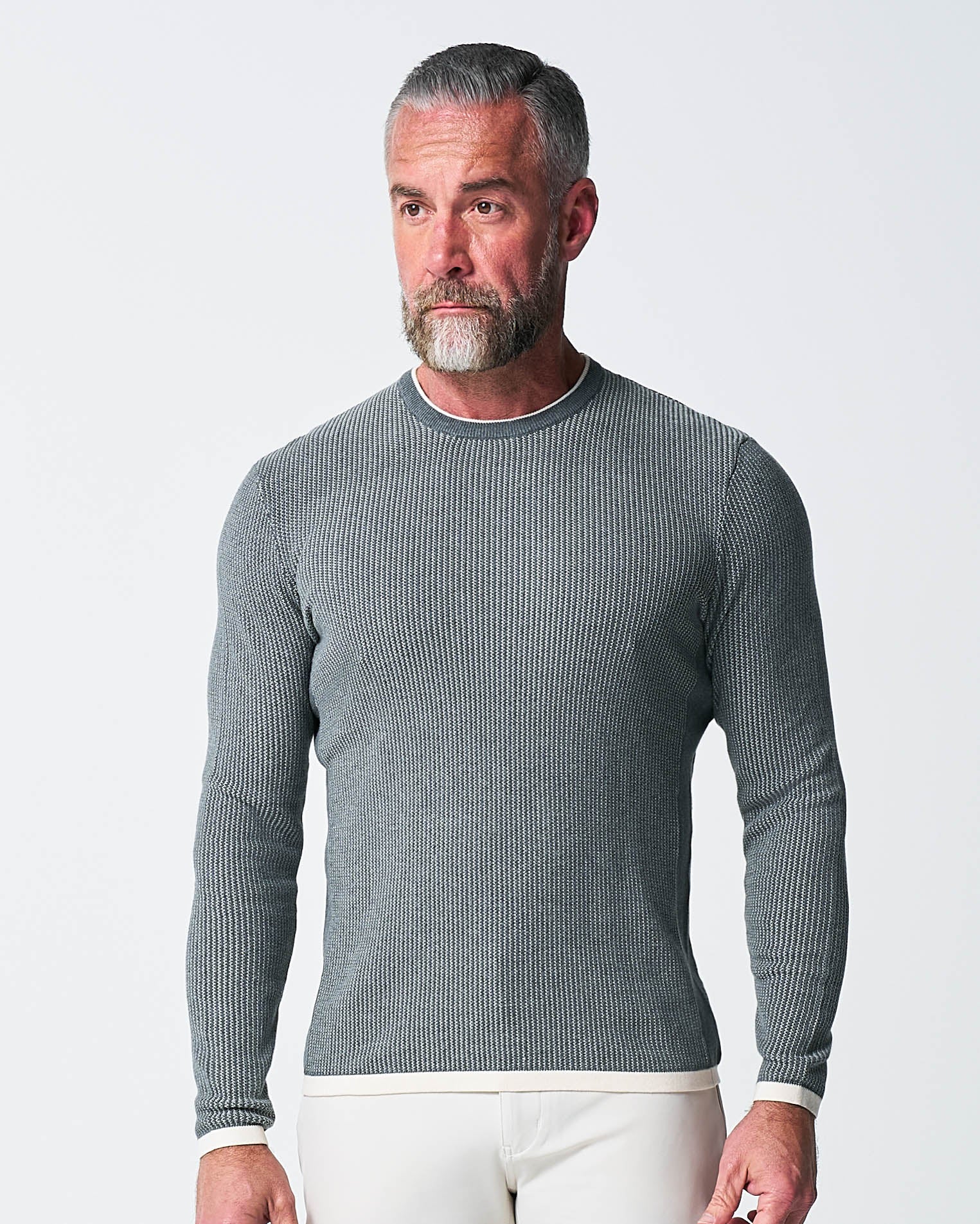 Lightweight Ribbed Knit Crewneck Sweater - Dark Grey & Beige