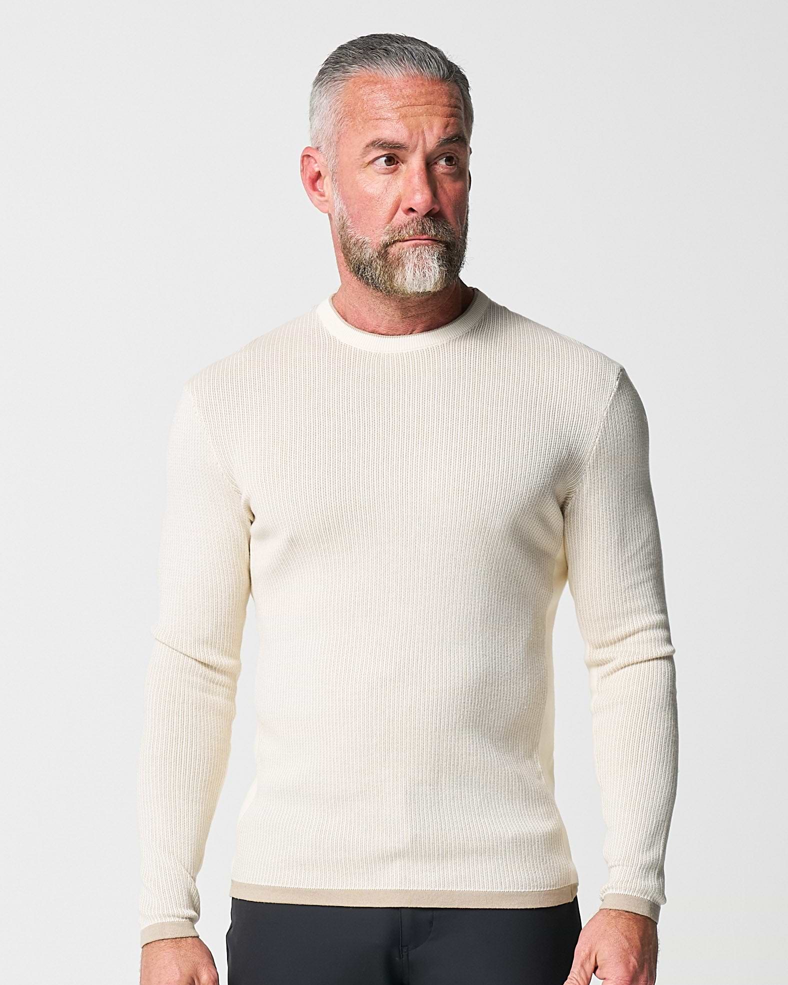 Lightweight Ribbed Knit Crewneck Sweater - Tan & Beige